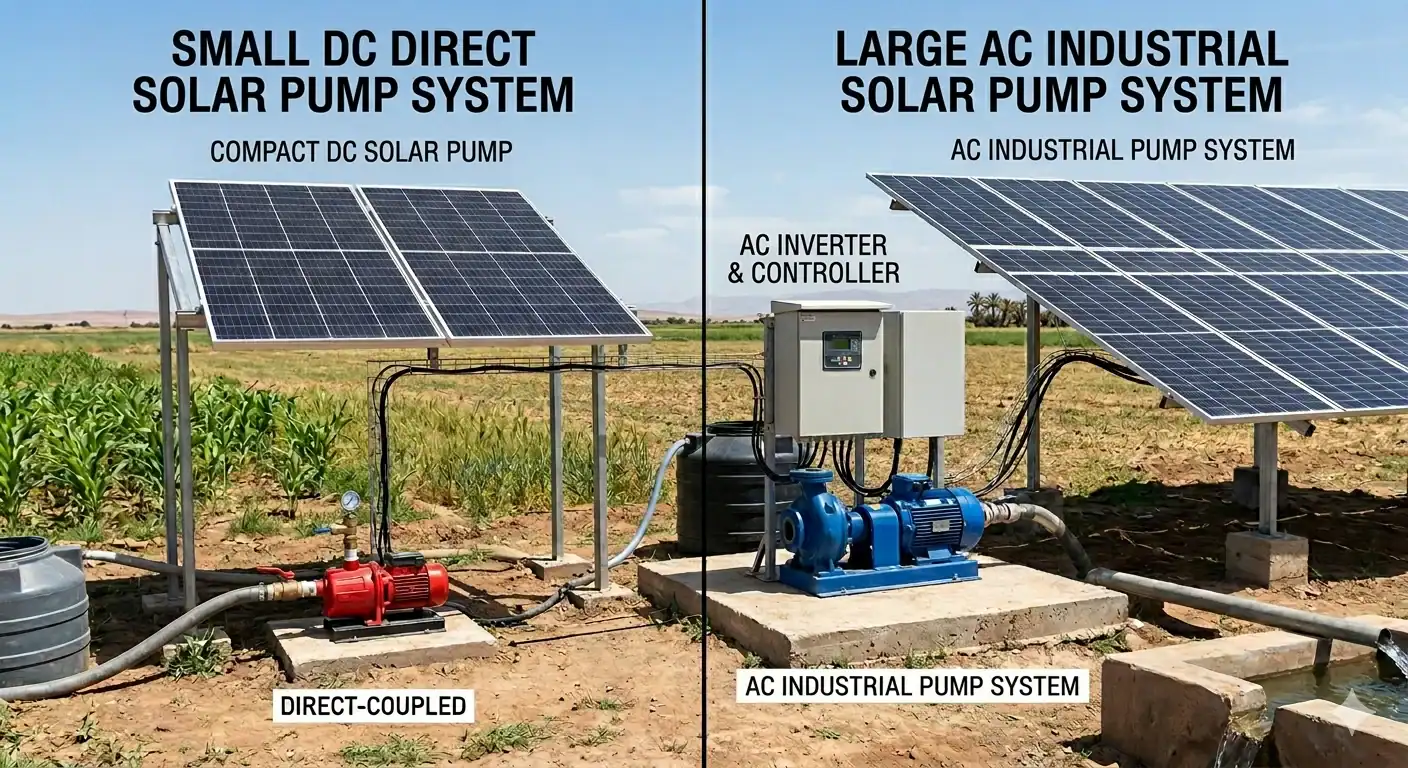 AC vs DC solar water pumps 2026: Efficiency comparison, cost analysis, and farm-size decision matrix. Which technology wins for your irrigation system?