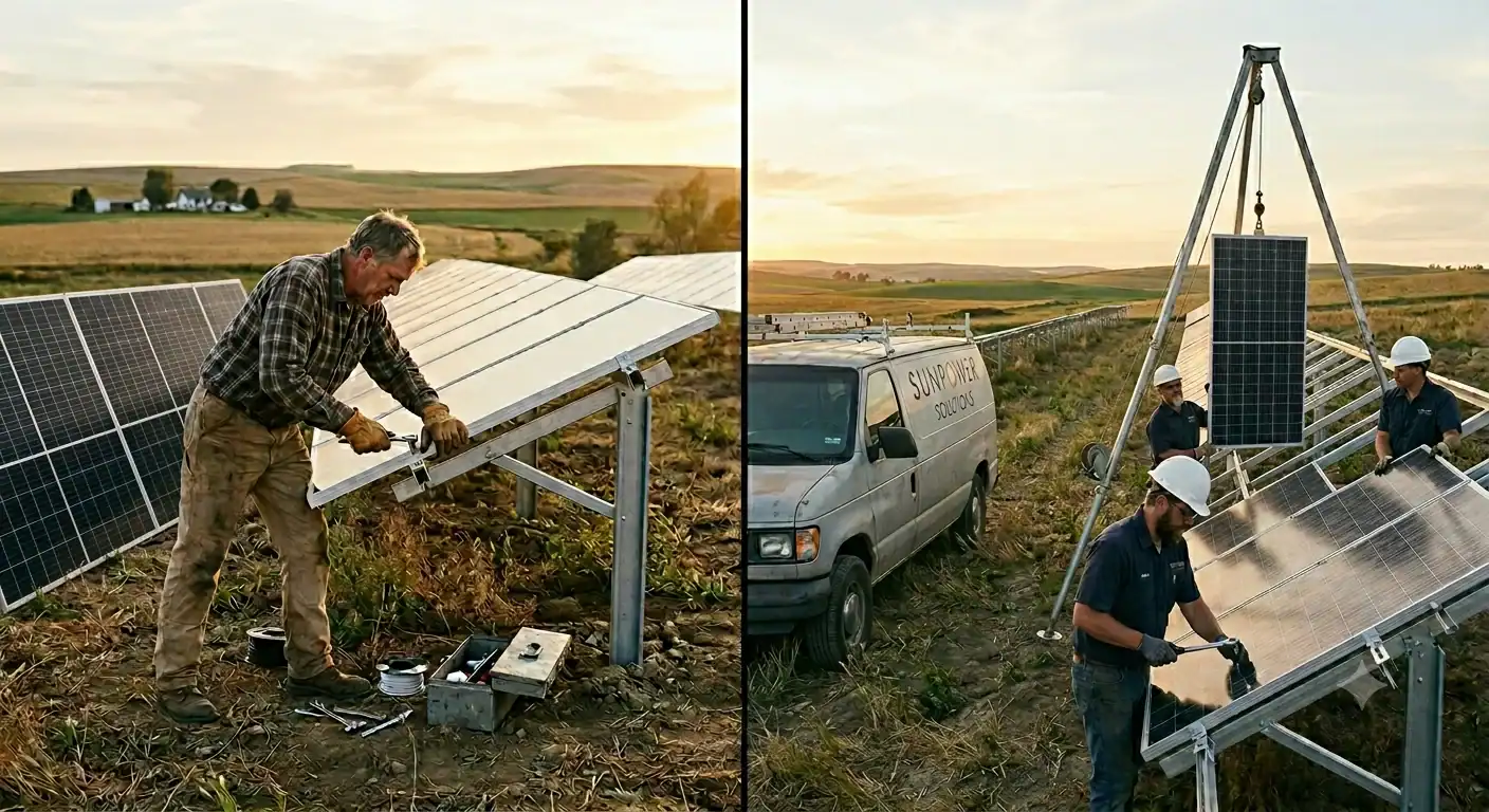 Split-screen comparison of DIY solar water pump installation by farmer with basic tools versus professional crew with specialized equipment and branded work van