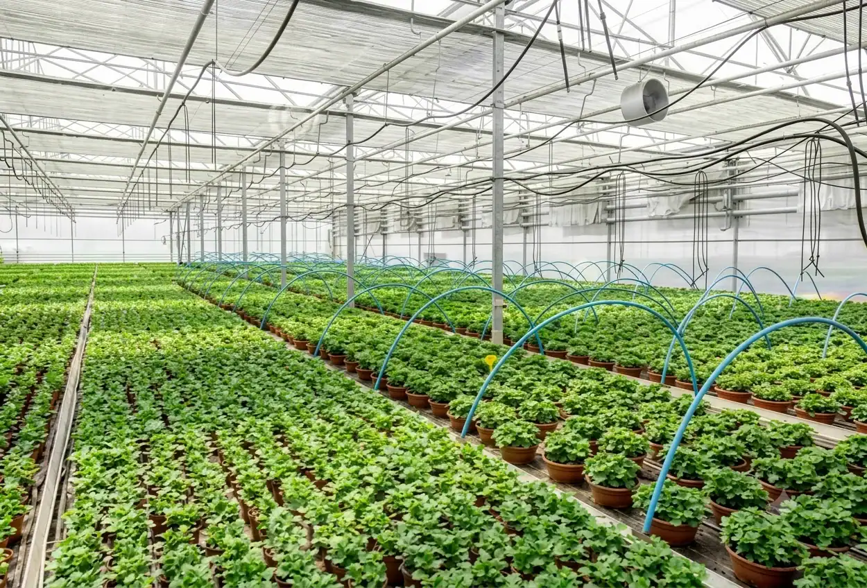 Modern greenhouse interior with solar‑powered drip irrigation, misting nozzles creating fine fog, and exhaust ventilation fans, all powered by an external solar panel array.