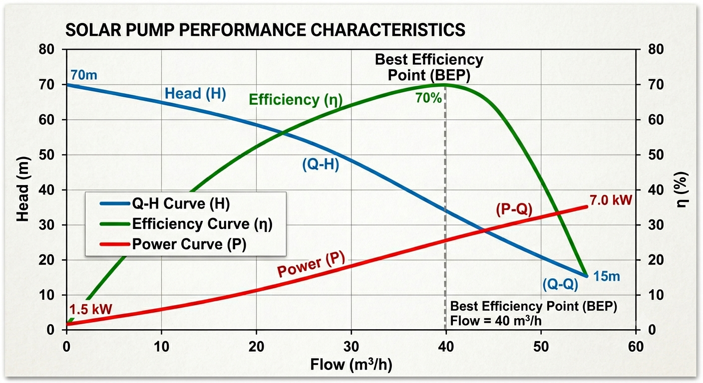 Solar pump performance curve graph showing flow‑head (Q‑H) curve, efficiency curve, and power curve with Best Efficiency Point marked, alongside a farmer reviewing a datasheet.