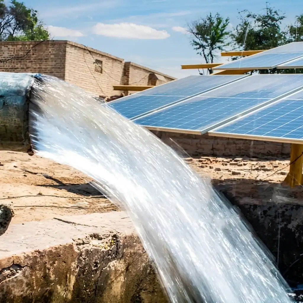 Troubleshooting flowchart for solar water pumps showing symptoms (no start, low flow, noise) linked to solutions (check panels, cables, filters, impeller) with a farmer diagnosing the system.