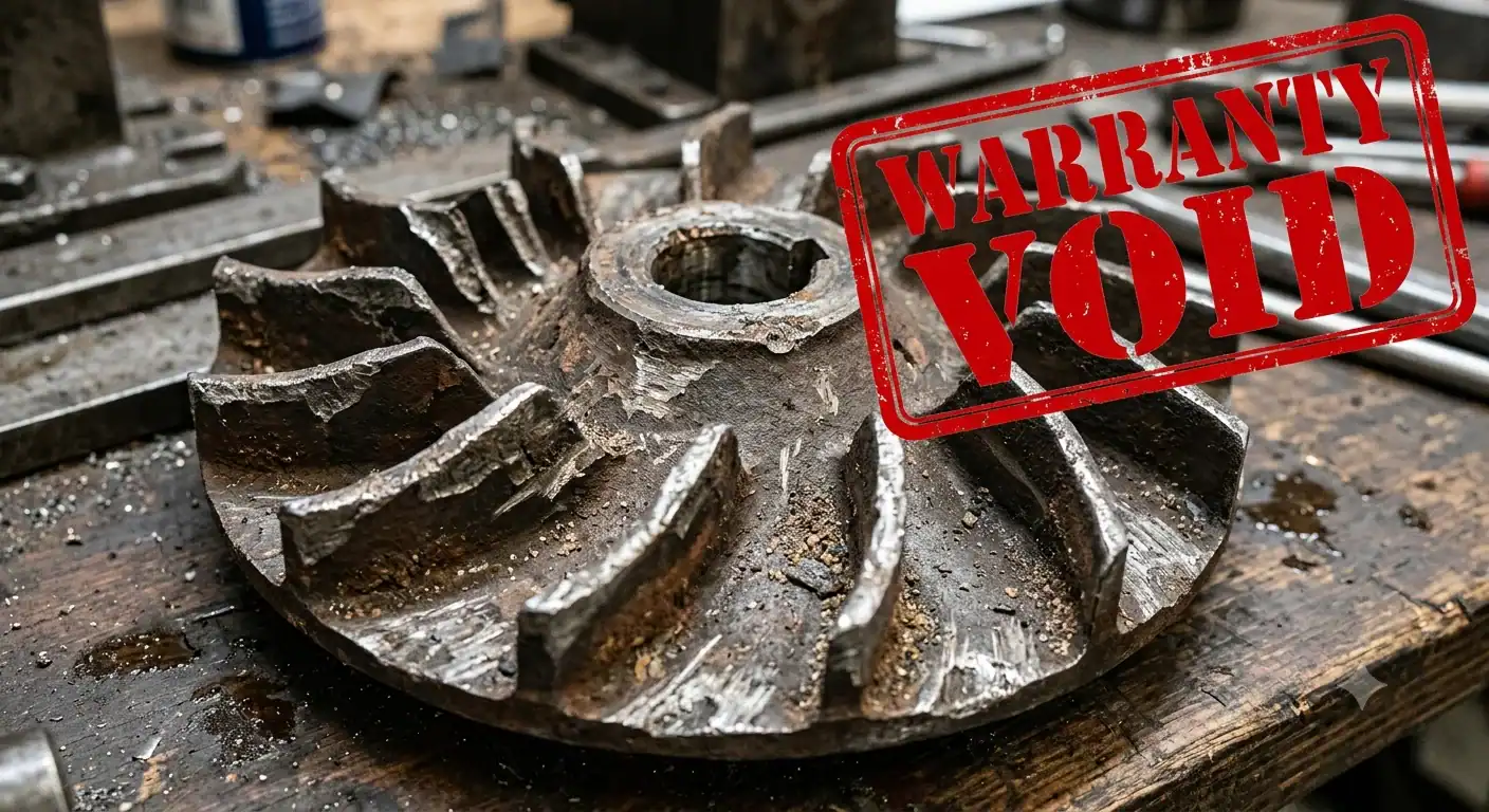 a damaged impeller and a red "WARRANTY VOID" stamp.