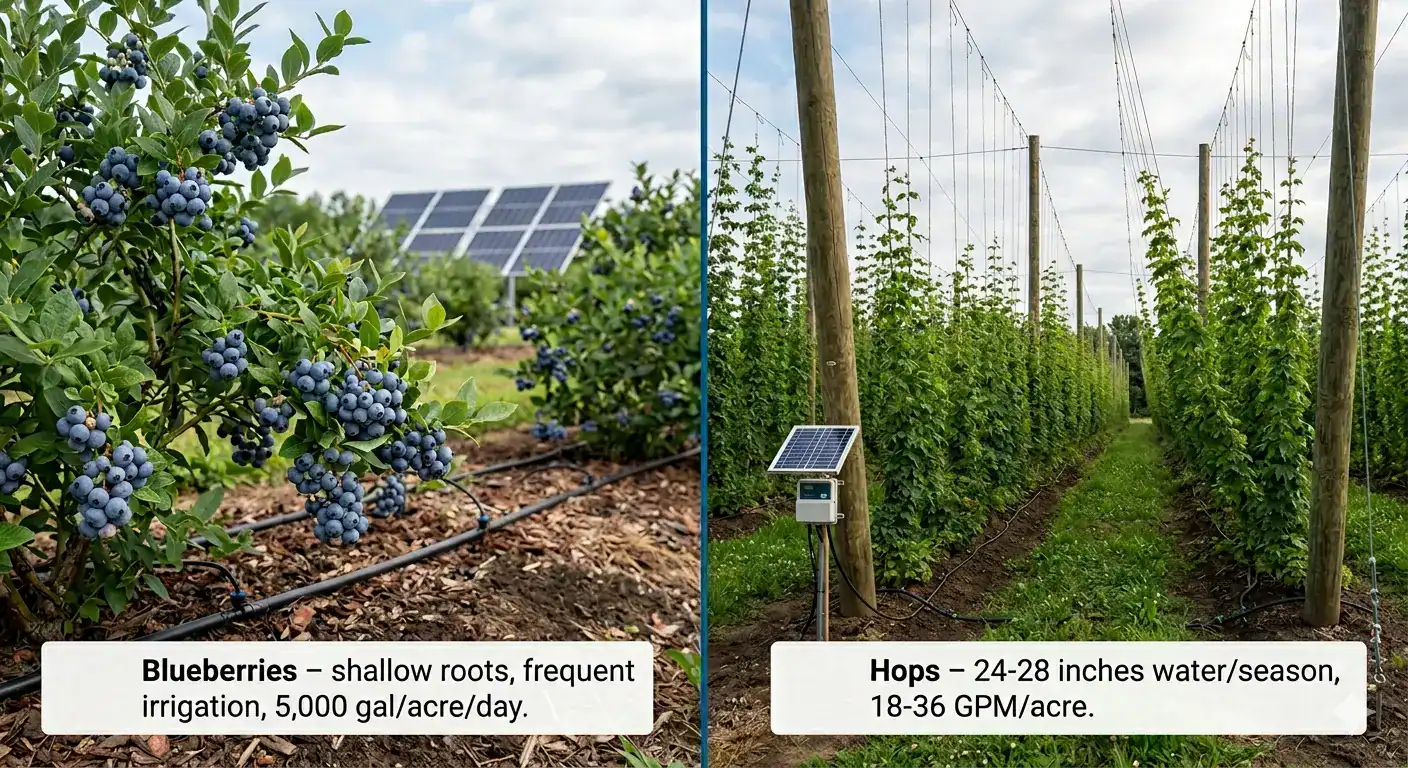 Split infographic showing solar‑powered drip irrigation for blueberries (shallow roots, 5,000 gal/acre/day) and hops (tall trellis, 24‑28 inches water/season), with solar panel array and pump system diagram.