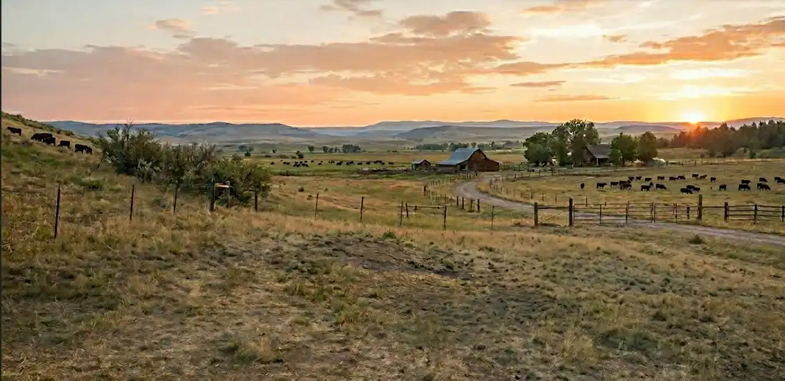 Solar‑powered livestock watering system with solar panels, submersible pump, storage tank, and cattle drinking from a float‑valve trough in a remote pasture.