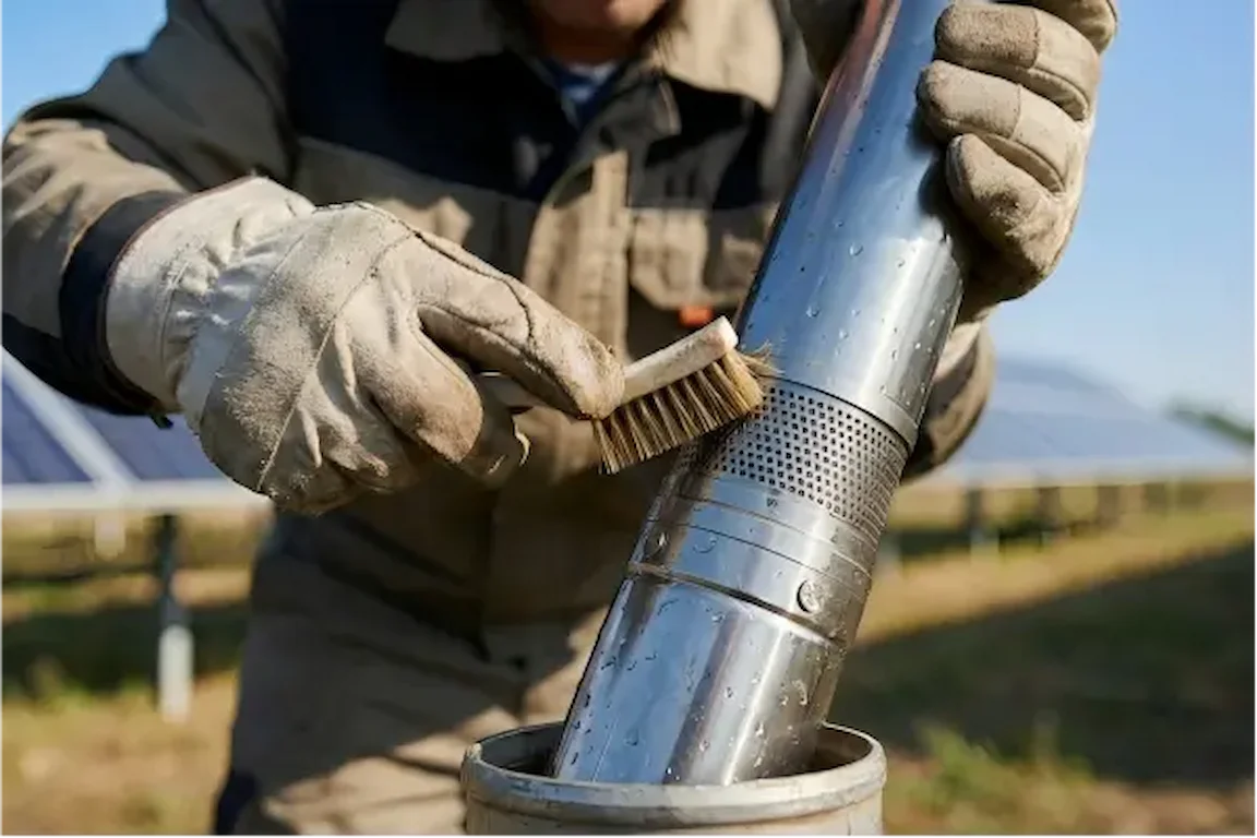 Technician inspecting solar water pump system for agricultural irrigation — checking MPPT controller, clean solar panels, and submersible pump in wel