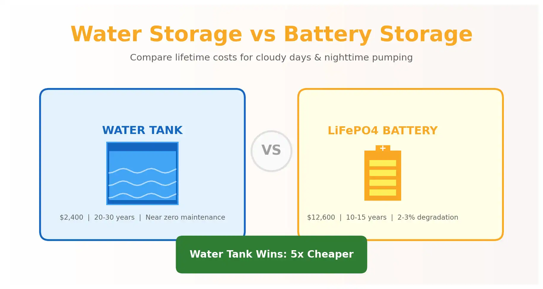 Water storage tank vs LiFePO4 battery comparison for solar water pump backup systems with lifetime cost analysis