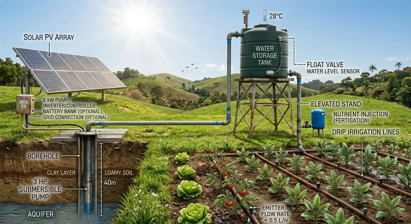 Technical diagram showing solar water pump system sizing components including PV array, MPPT controller, submersible pump, storage tank, and irrigation distribution network with TDH annotations