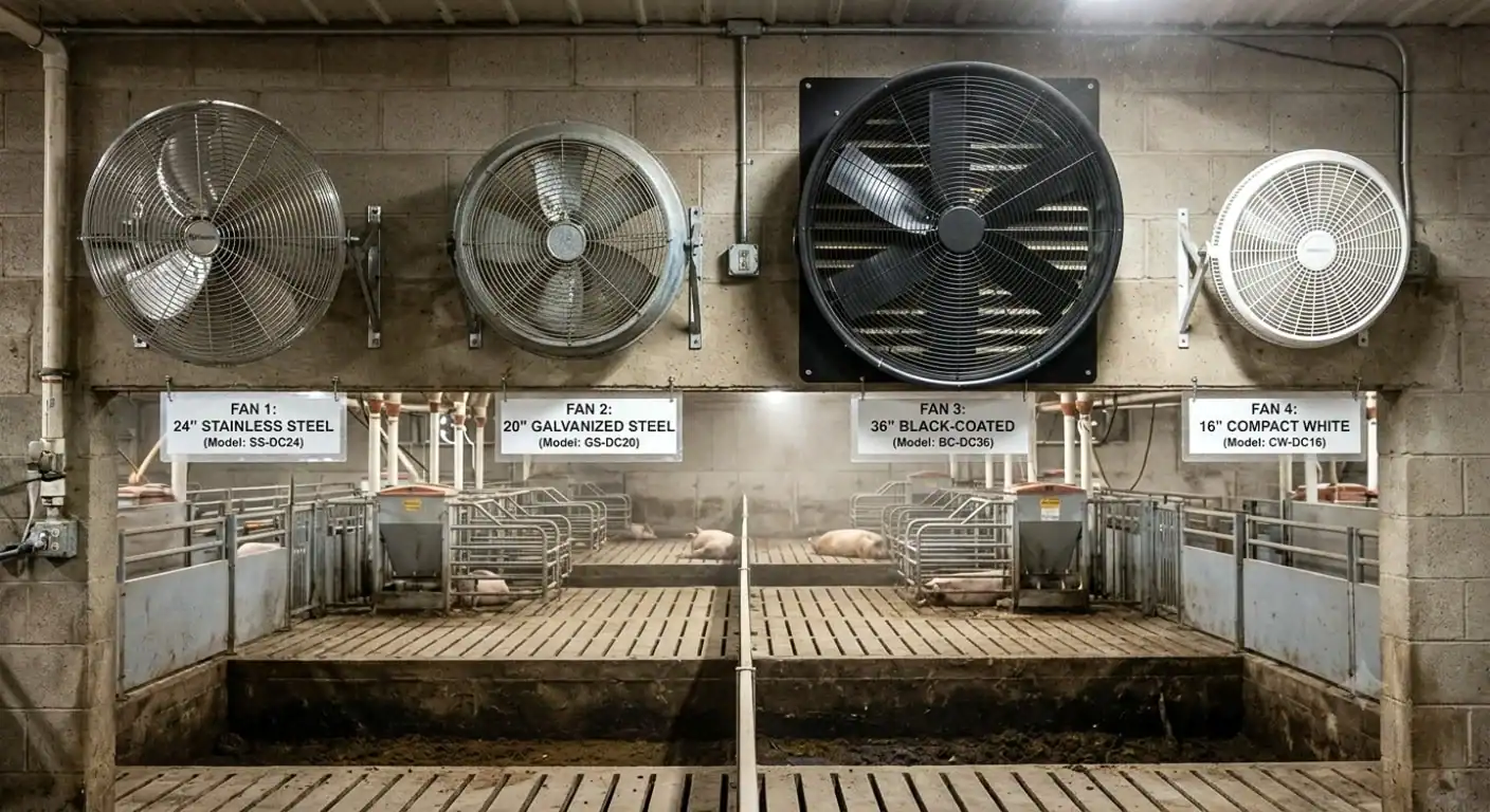 A side-by-side comparison photograph of four DC fans mounted on a test wall in a swine barn. From left to right: a 24" stainless steel fan, a 20" galvanized fan, a 36" black-coated fan, and a 16" compact white fan.