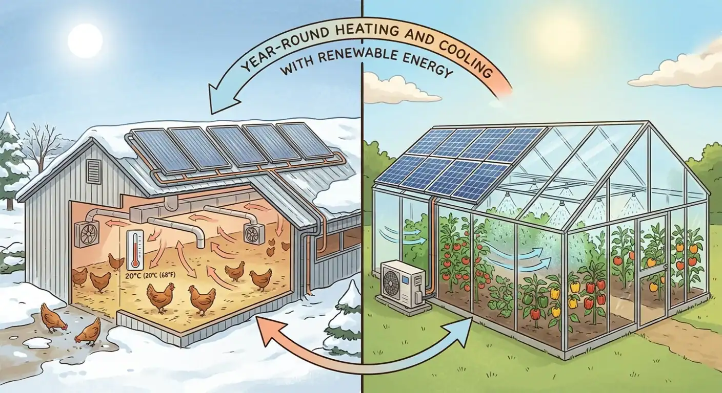 Split illustration showing solar heating (winter) for a poultry barn with thermal collectors and solar cooling (summer) for a greenhouse with PV panels and misting system, highlighting year‑round solar energy use.