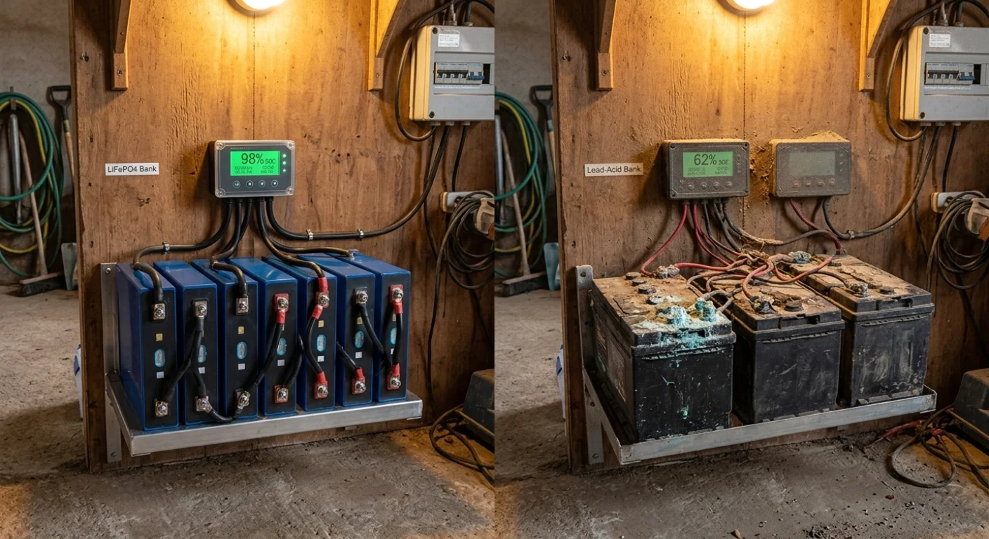A side-by-side comparison of two battery banks in a farm utility room.