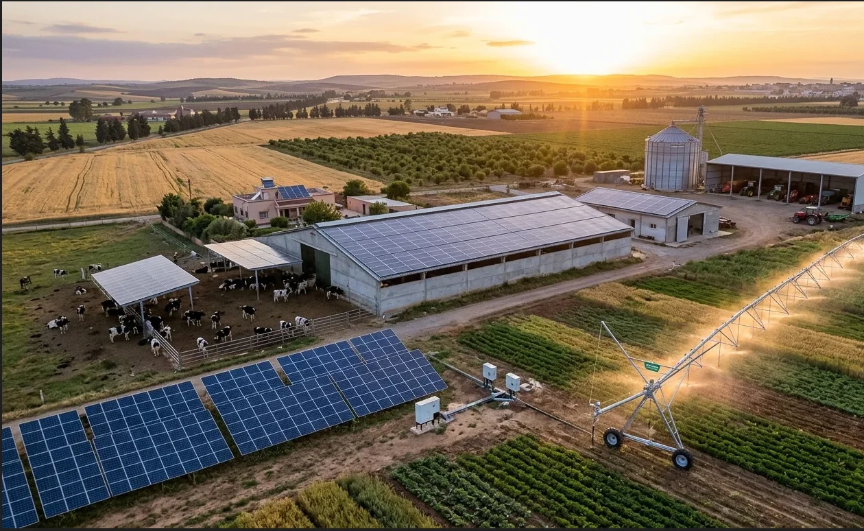 An aerial drone photograph of a 50-acre diversified farm at golden hour