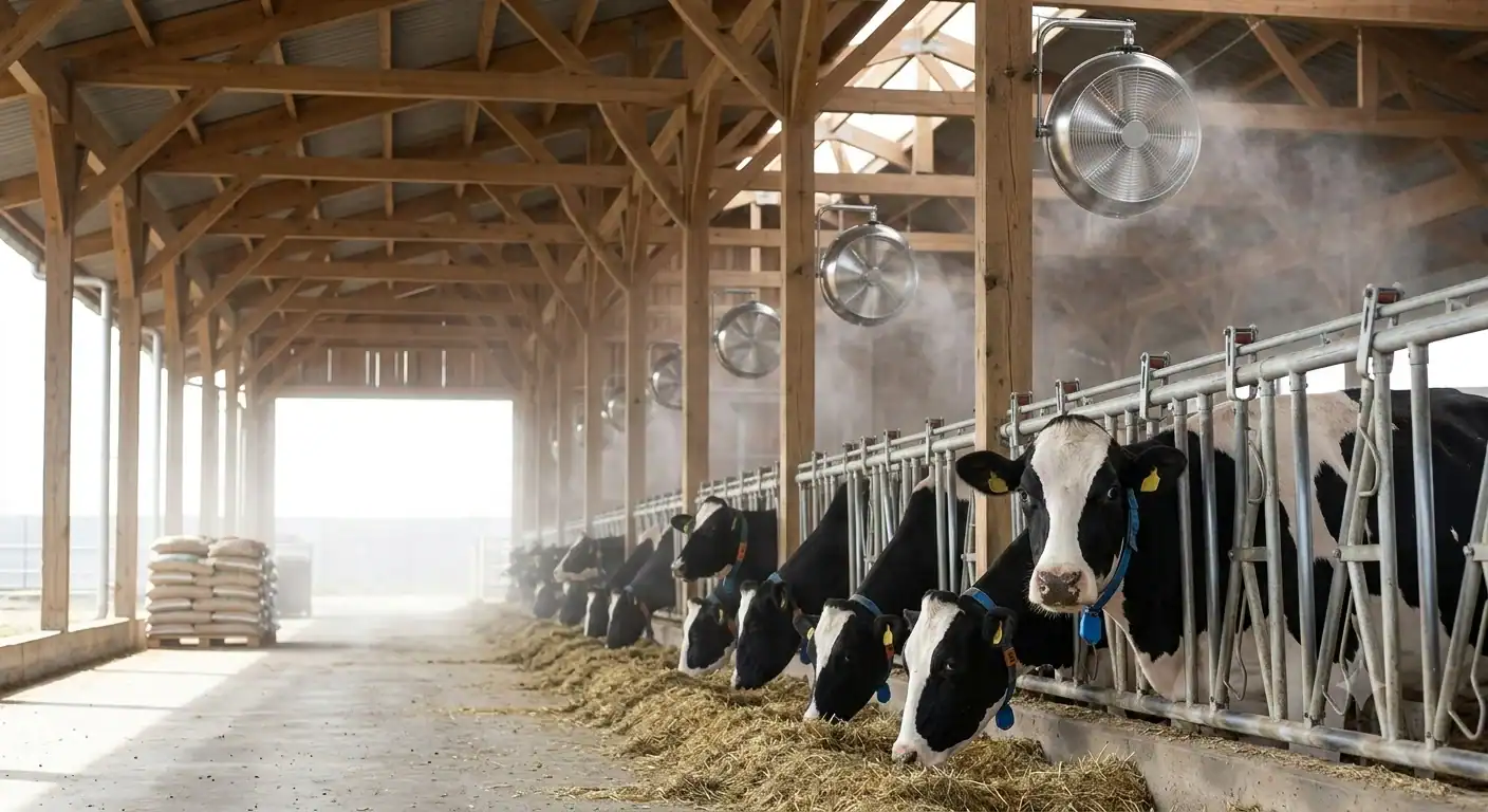 Solar-powered high-pressure misting system operating in a cattle feedlot during summer, with fine water fog cooling the air around resting livestock and a PV panel array powering the DC pump