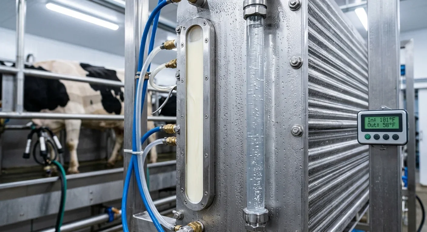 Stainless steel plate cooler in a dairy parlor showing warm milk entering at 101°F and exiting at 58°F, with cold well water flowing counter-current and condensation on the exterior