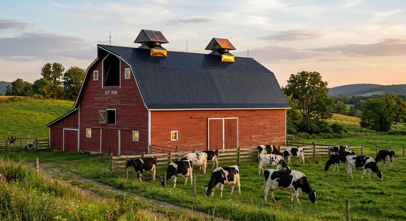 Solar attic fan installed on red barn roof with integrated photovoltaic panel, providing active ventilation for agricultural livestock buildings and reducing heat stress