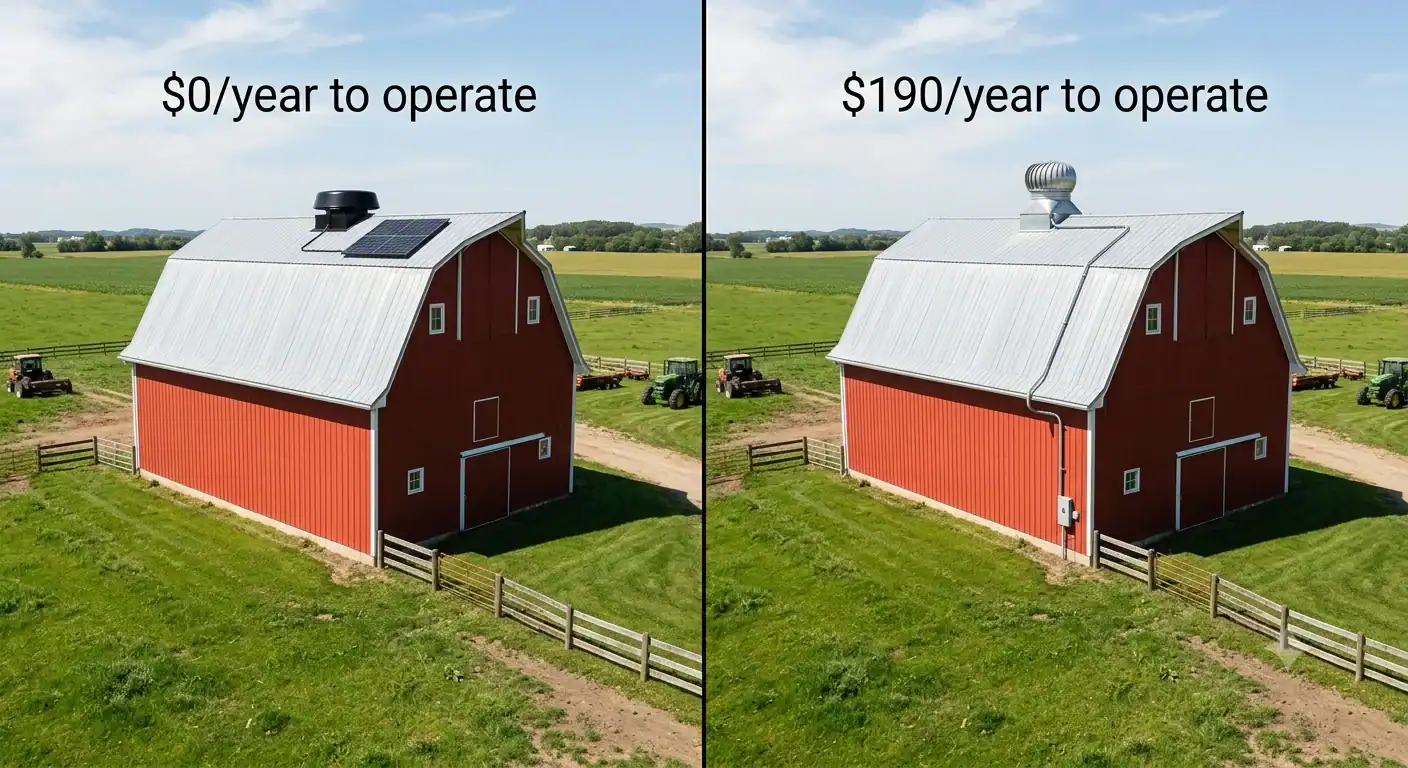 A split-view photograph of two identical red gambrel barns on a Midwest farm. The left barn has a sleek black solar attic fan on the roof ridge with a small PV panel. The right barn has a traditional galvanized electric exhaust fan with visible conduit running down the roof.