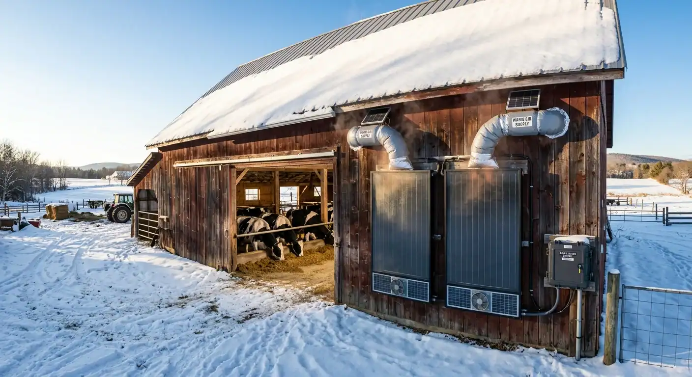 Solar air heater panels mounted on south-facing wall of agricultural livestock barn in winter, with snow-covered ground and warm air ducts delivering heated air to dairy cattle inside