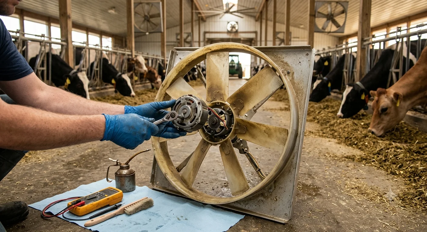A technician's gloved hands disassembling a 24-inch DC exhaust fan in a dairy barn