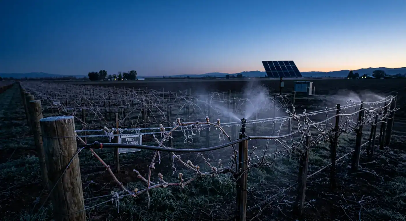 Solar-powered micro-sprinkler frost protection system operating in a vineyard at dawn, with clear ice coating grapevine buds and a solar array visible in the background
