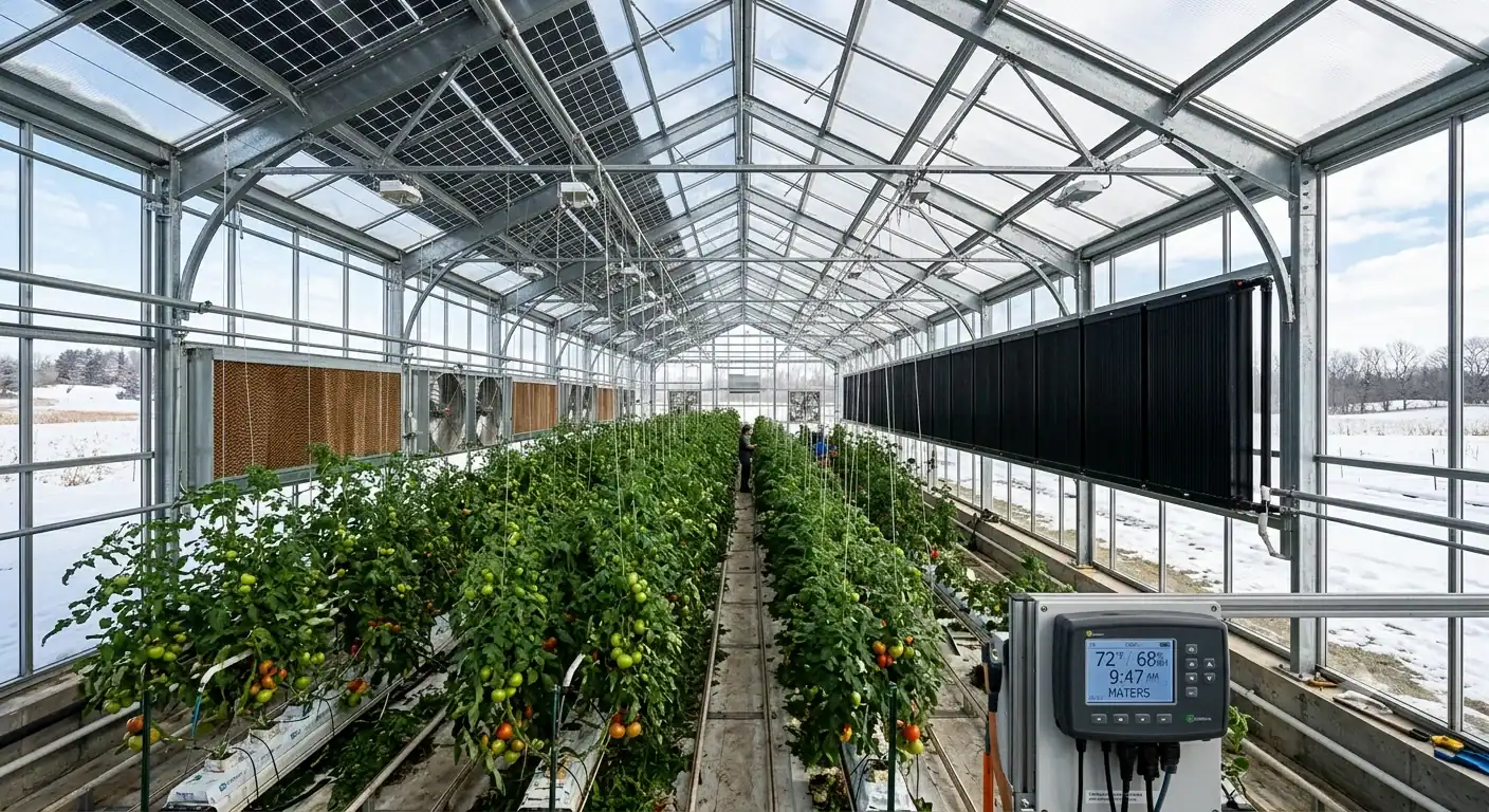Solar-powered commercial greenhouse with south-wall thermal collectors, rooftop PV, and DC exhaust fans maintaining 72°F interior climate while snow covers the ground outsid