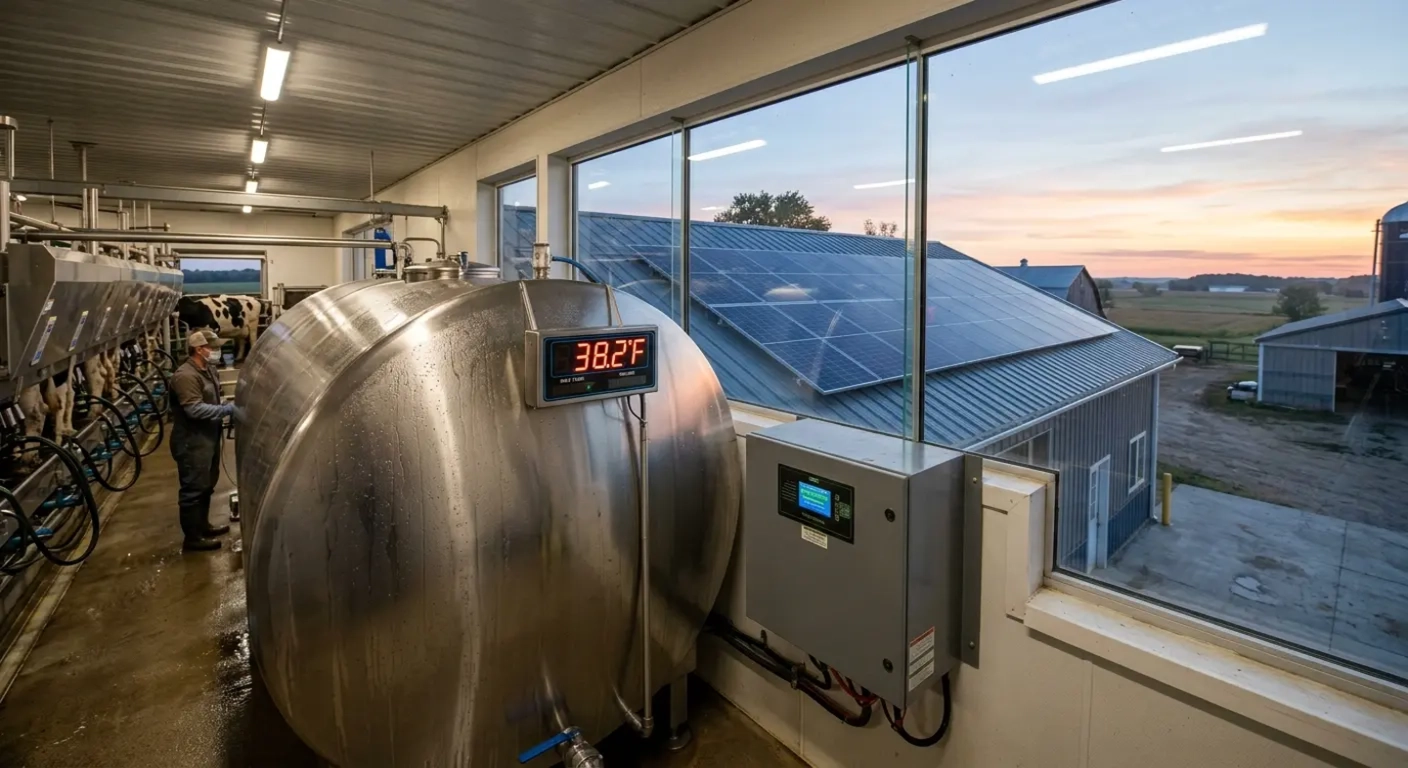 Solar-powered milk cooling system with DC compressor, 3,000-gallon bulk tank at 38°F, and 8 kW solar array on the milk house roof in a Wisconsin dairy operation