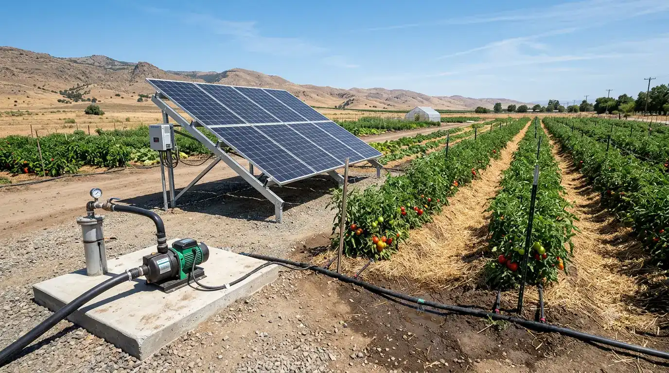 A wide-angle photograph of a small-scale vegetable farm in Arizona or Central California.
