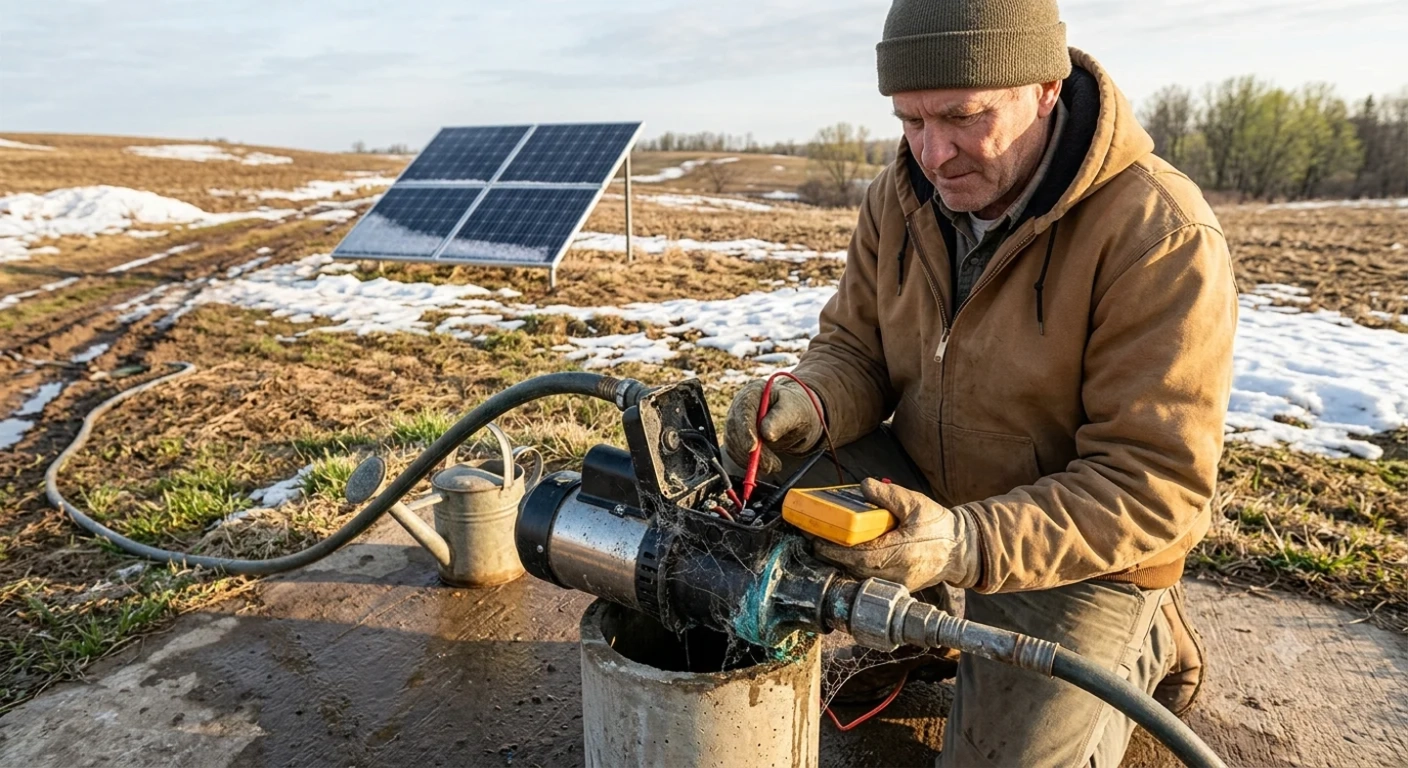 A farmer in early spring kneeling beside a solar submersible pump mounted on a concrete pad.