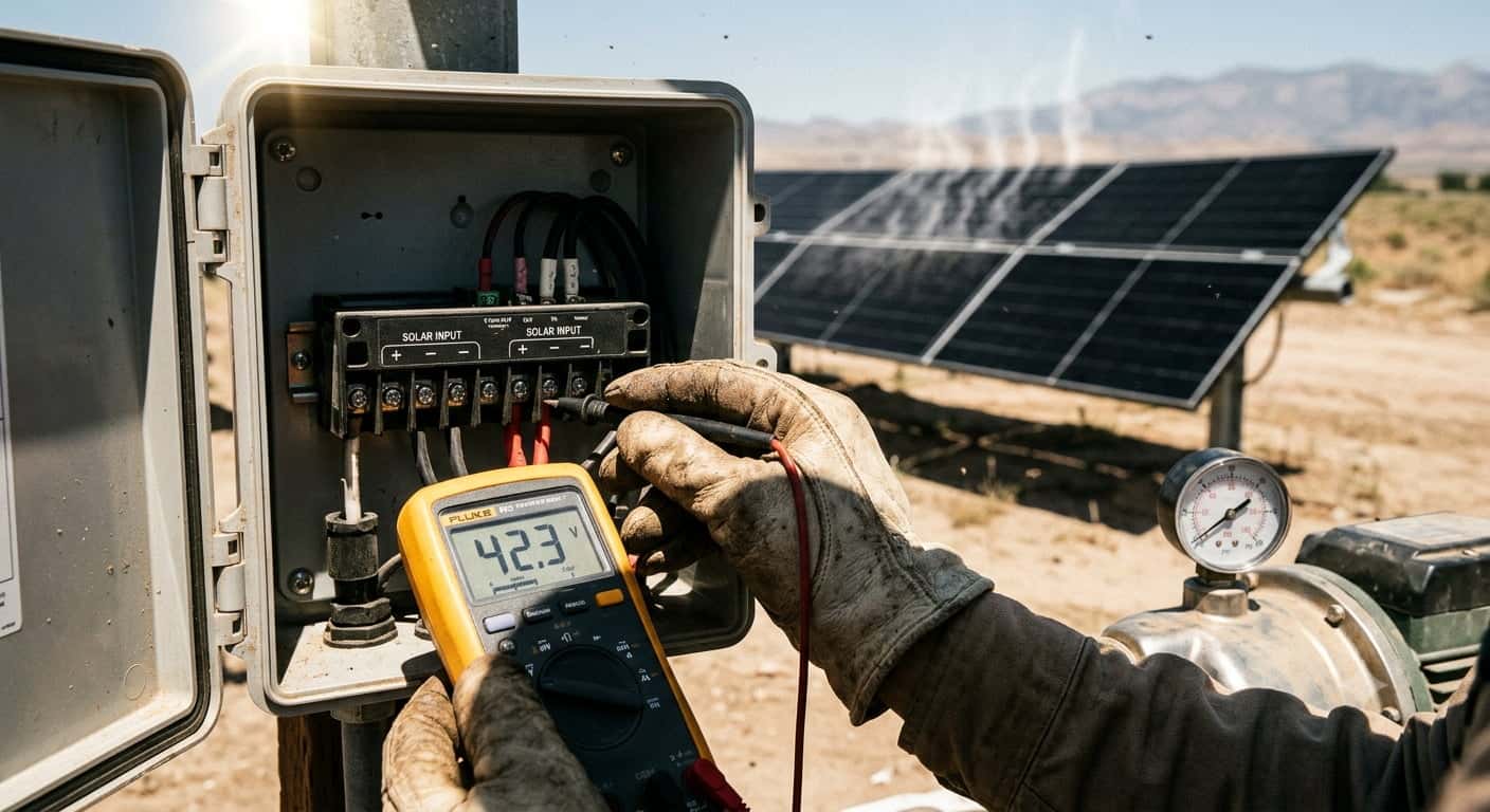 A close-up photograph of a farmer's gloved hand holding a digital multimeter against the terminals of a solar pump controller at 2 PM.