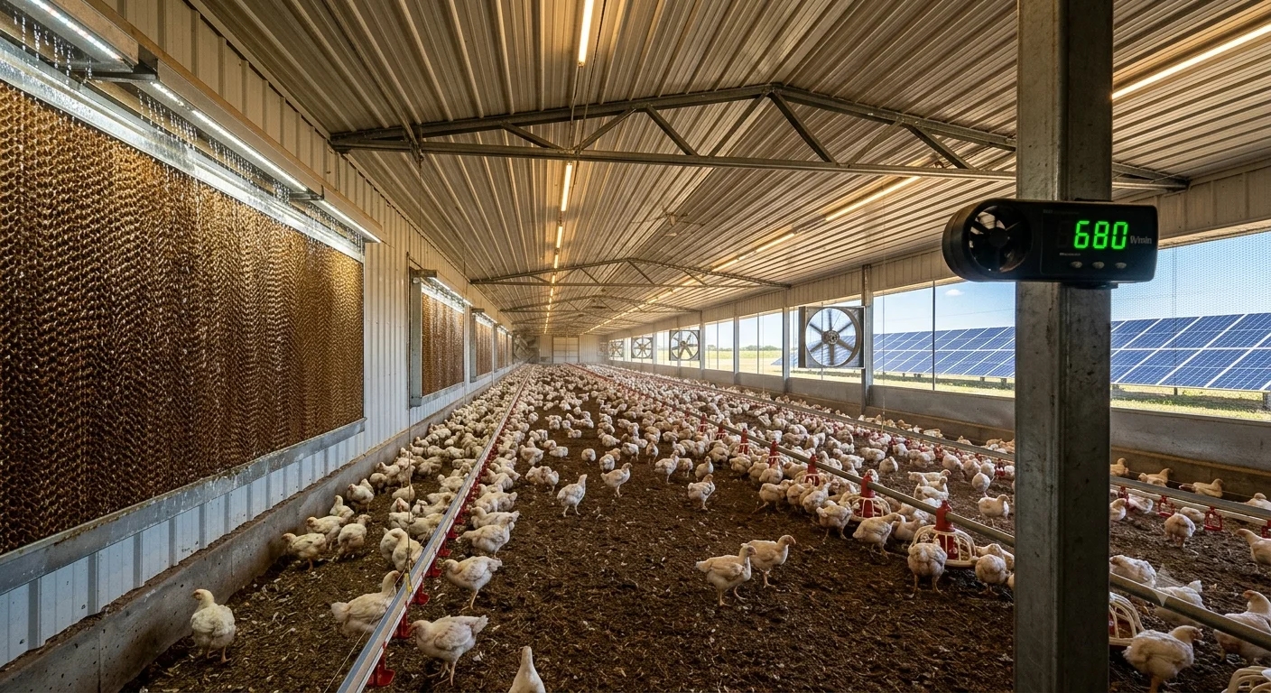 Interior of a tunnel-ventilated broiler house with DC exhaust fans, evaporative cooling pads, and circulation fans maintaining 680 ft/min air velocity, with a solar panel array visible through the fan wall