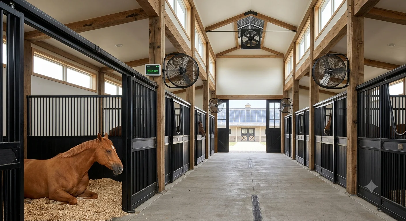 remium equine stable interior with solar-powered ridge exhaust fan, DC circulation fans mounted at 13 feet, and a chestnut horse resting comfortably in a deeply bedded stall with an air quality monitor displaying 8 ppm ammonia