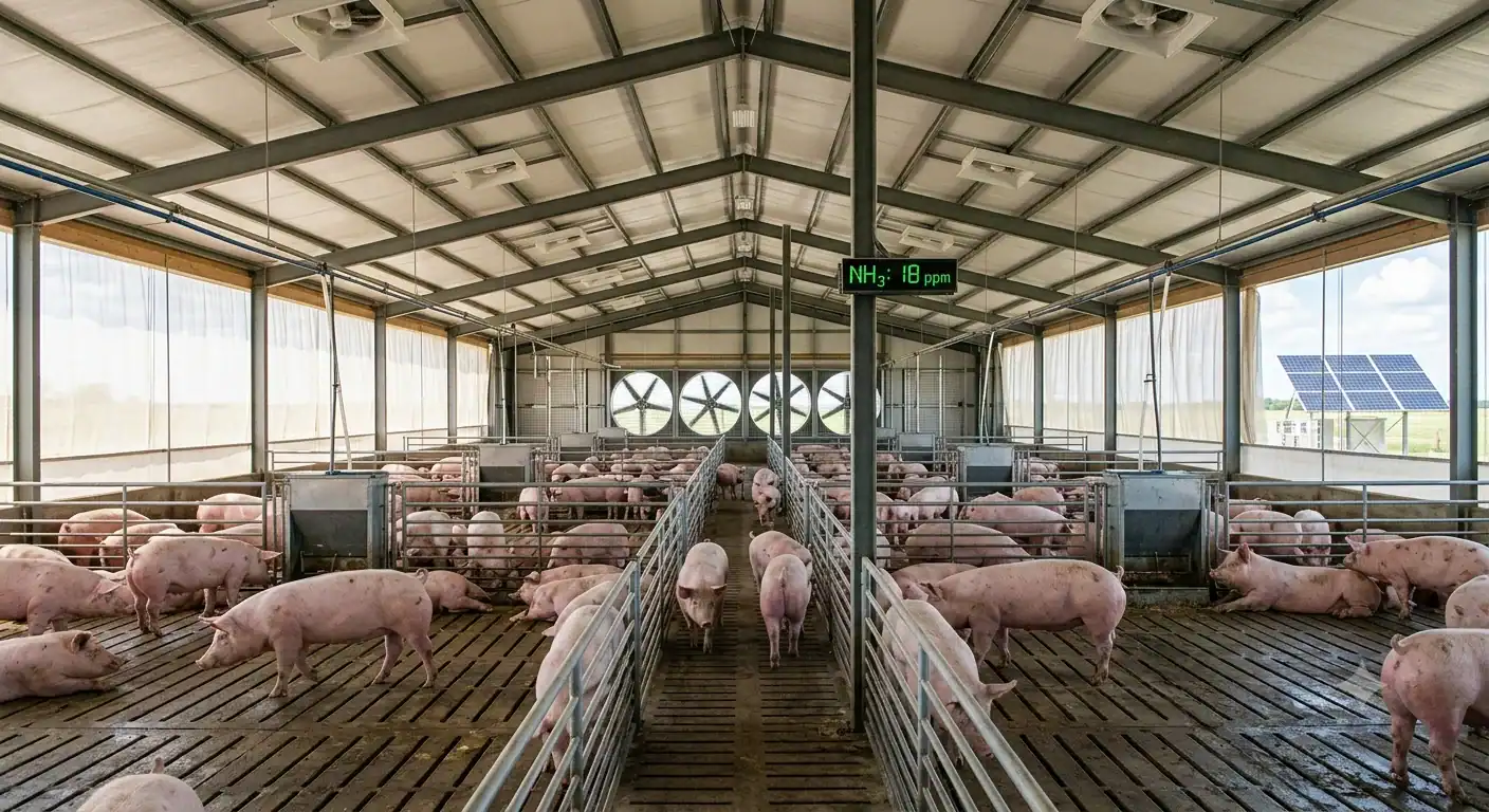 Interior of a tunnel-ventilated swine finishing barn with DC exhaust fans drawing fresh air through ceiling inlets, digital ammonia monitor reading 18 ppm, and solar panels visible through the sidewall