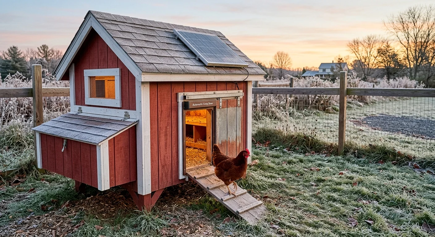 Small red chicken coop with solar panel on roof and automatic door with hen exiting on a frosty morning