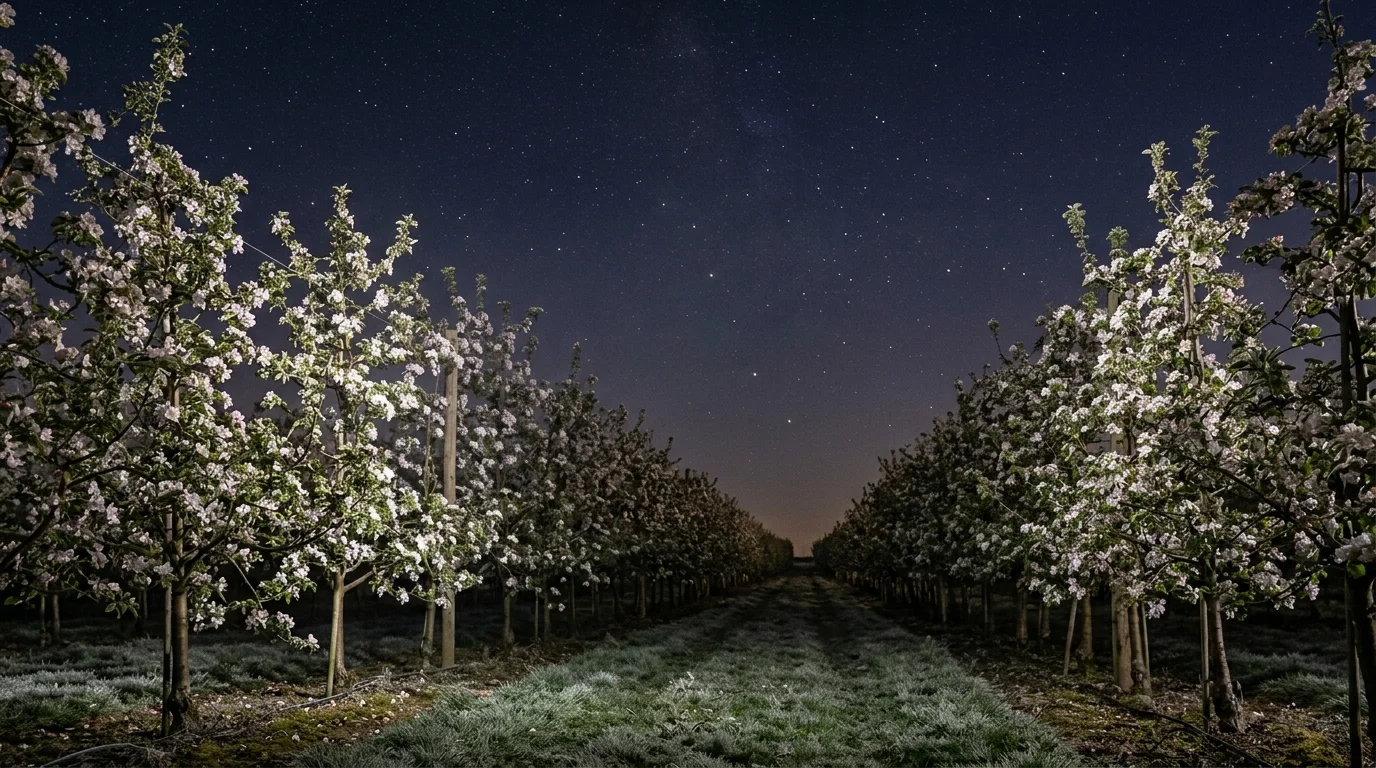 Solar-powered frost protection fan operating at night in an apple orchard with frost on the ground