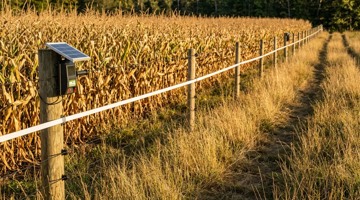 Multi-wire solar electric exclusion fence at cornfield edge with solar charger mounted on wooden post