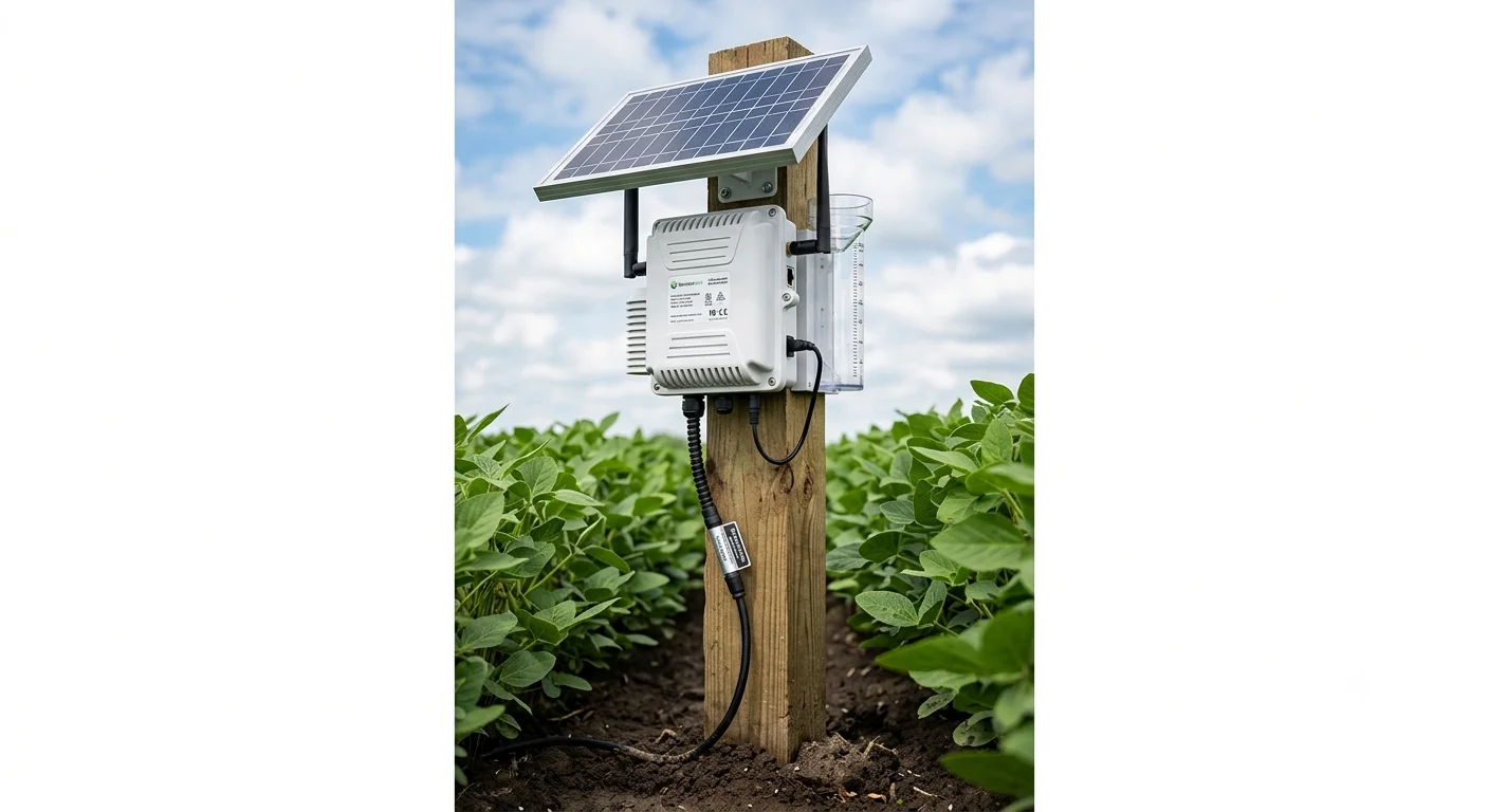 Solar-powered agricultural sensor station with weather monitoring and soil probe installed in a soybean field