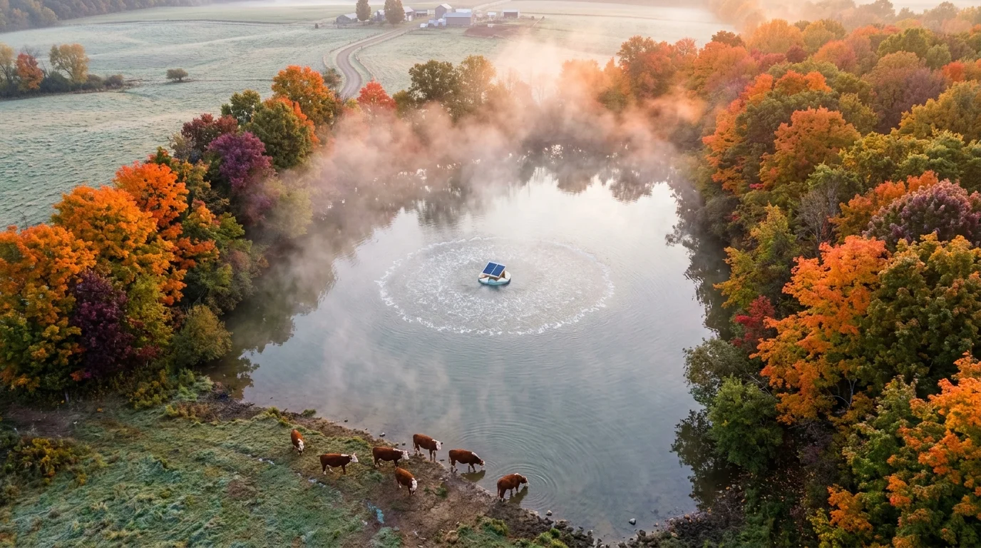 Aerial view of solar-powered pond aerator creating bubbles on a farm pond in autumn with cattle drinking