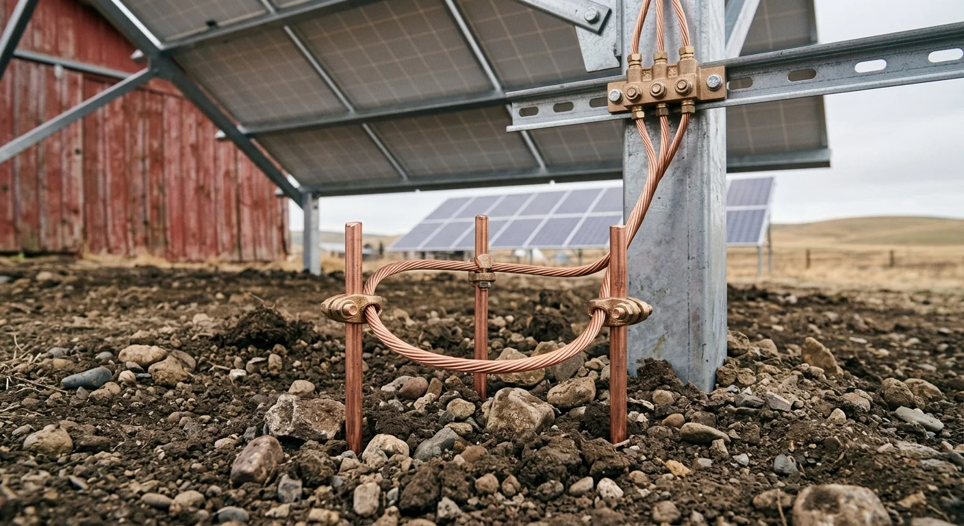Copper grounding rods and bare copper wire at the base of a ground-mounted solar panel array