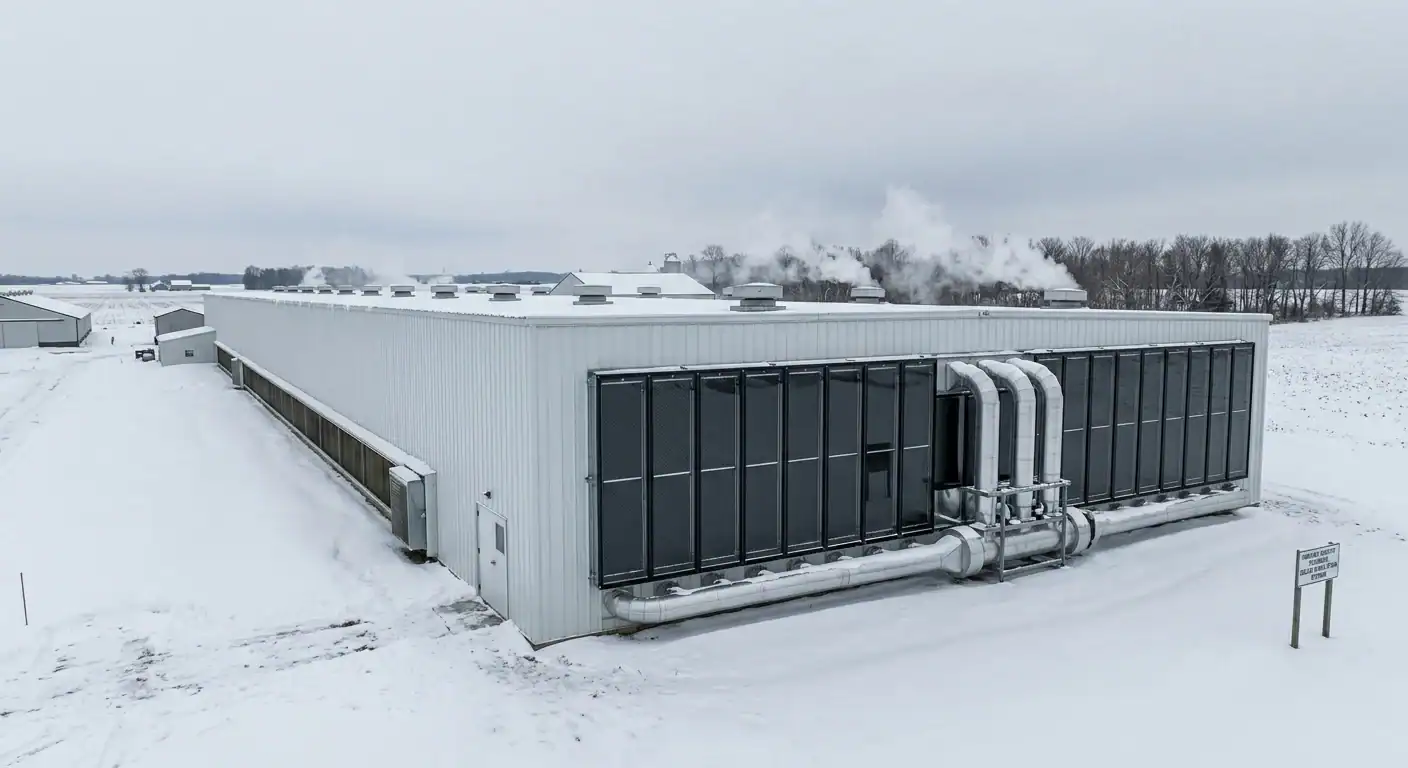 Solar thermal air heaters mounted on the south wall of a poultry house in a snowy winter landscape