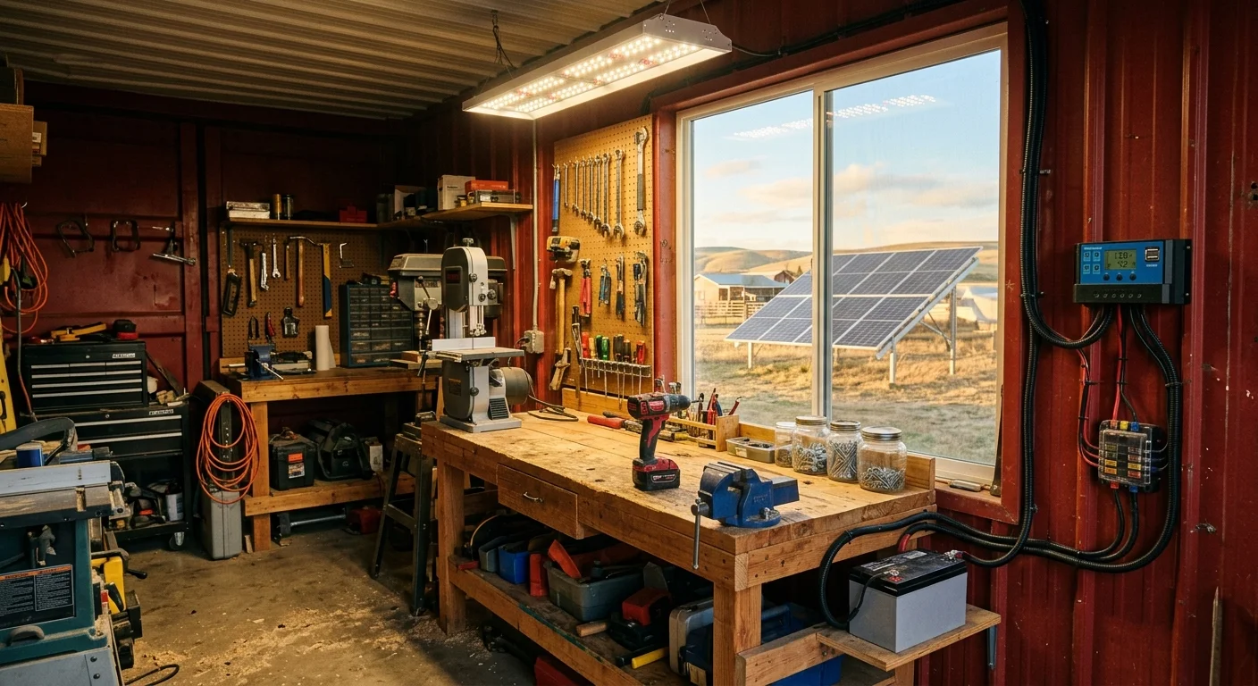 Interior of a solar-powered farm workshop with power tools and solar charge controller on the wall