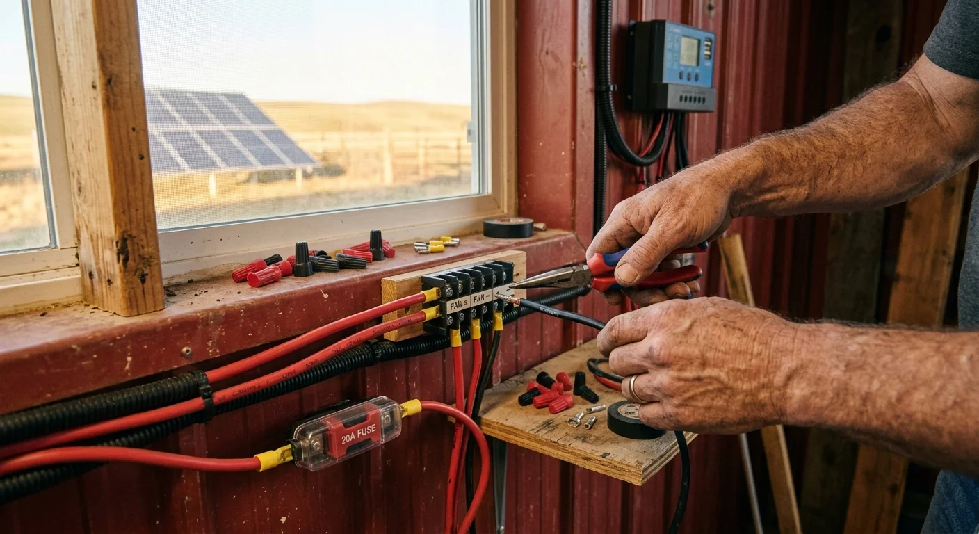 Close-up of hands wiring a 12V DC solar fan with gauge wire and fuse holder in a barn
