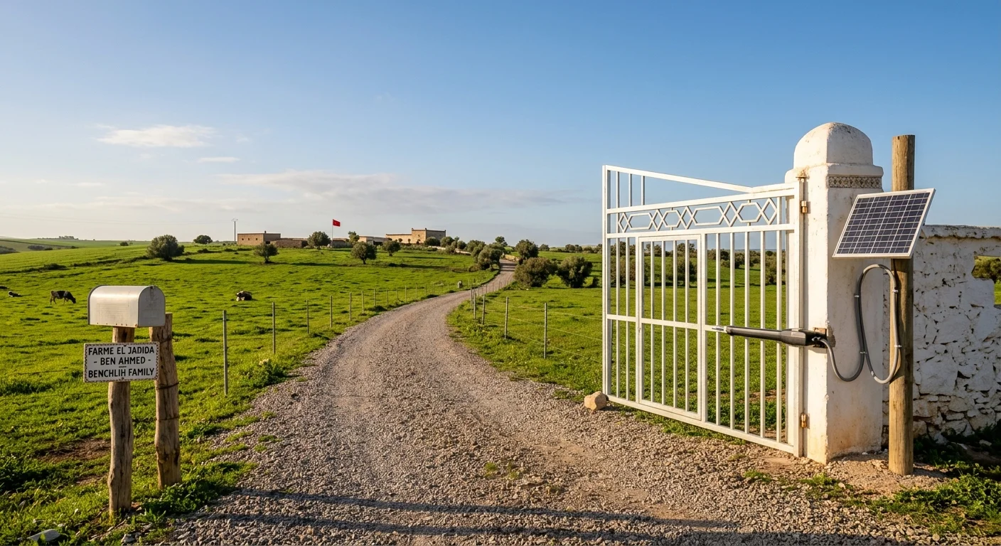 Solar-powered automatic gate opener with panel on wooden post at a farm entrance with metal tube gate