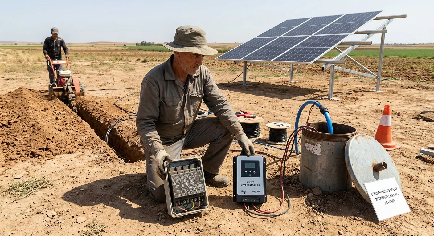 A farmer kneeling beside an existing submersible well pump installation, holding the old pump control box in one hand and a new solar MPPT controller in the other.