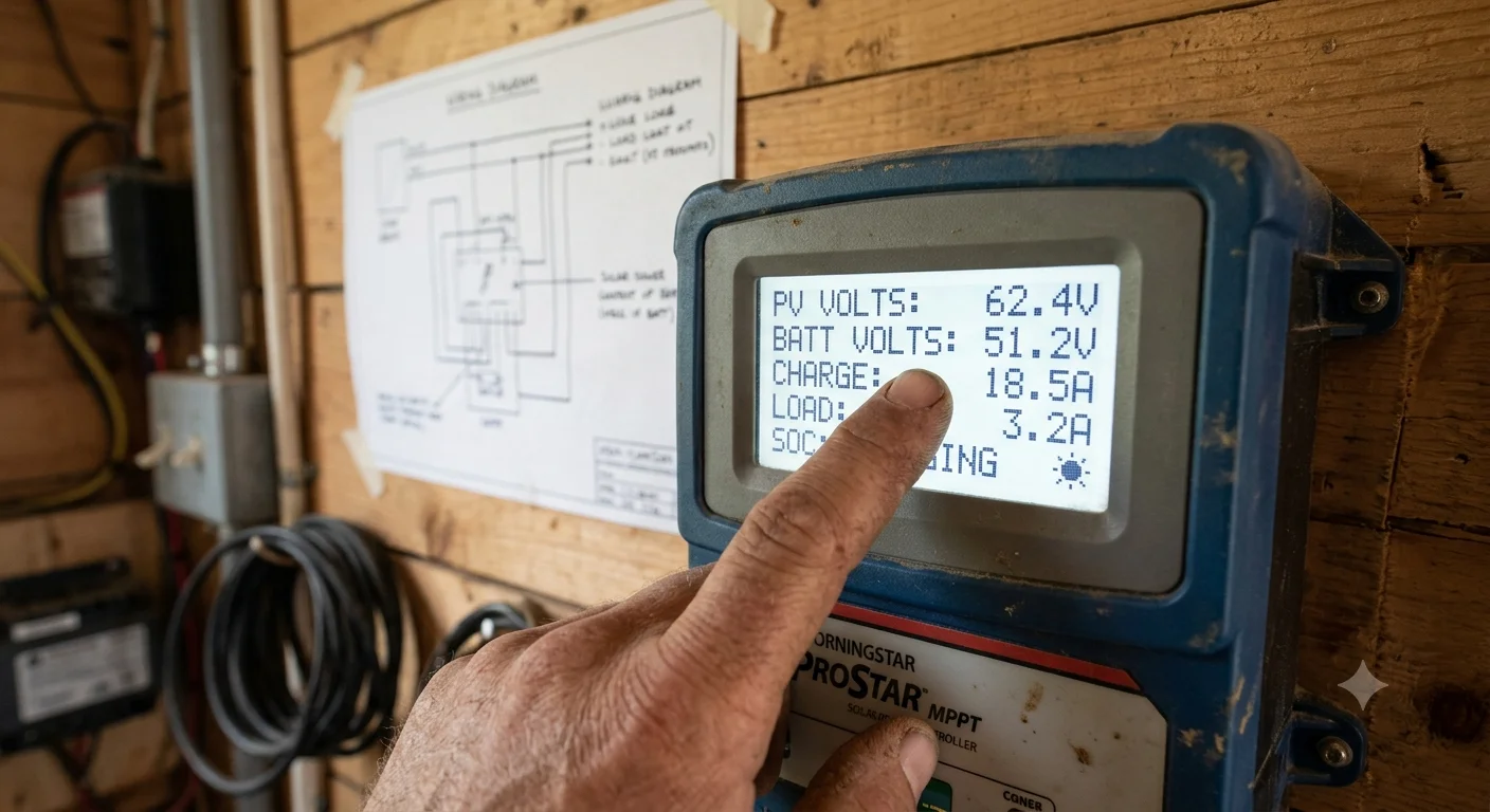 A close-up photograph of a solar charge controller display in a farm utility room