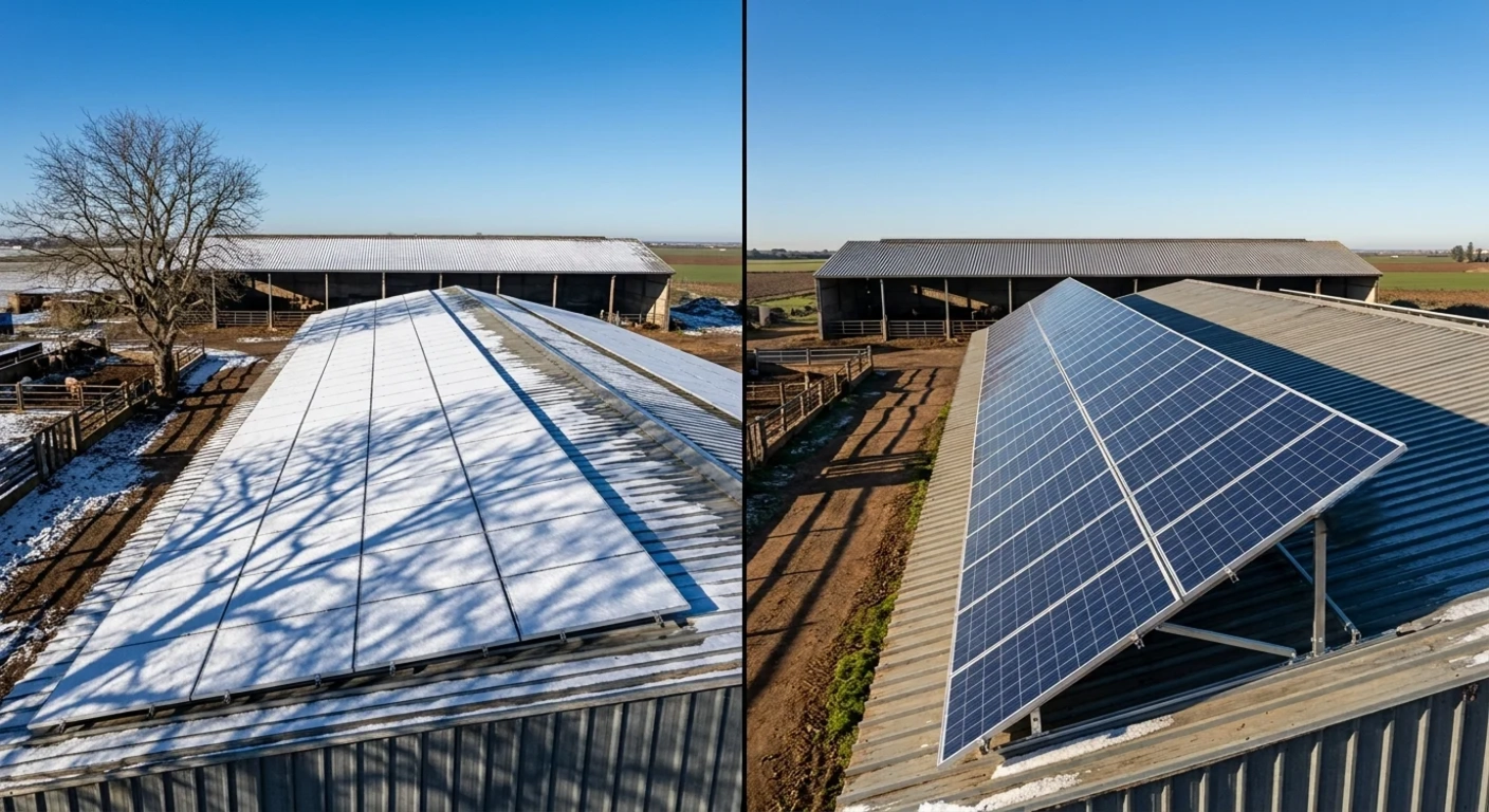 A split-view photograph of two solar arrays on identical barn roofs