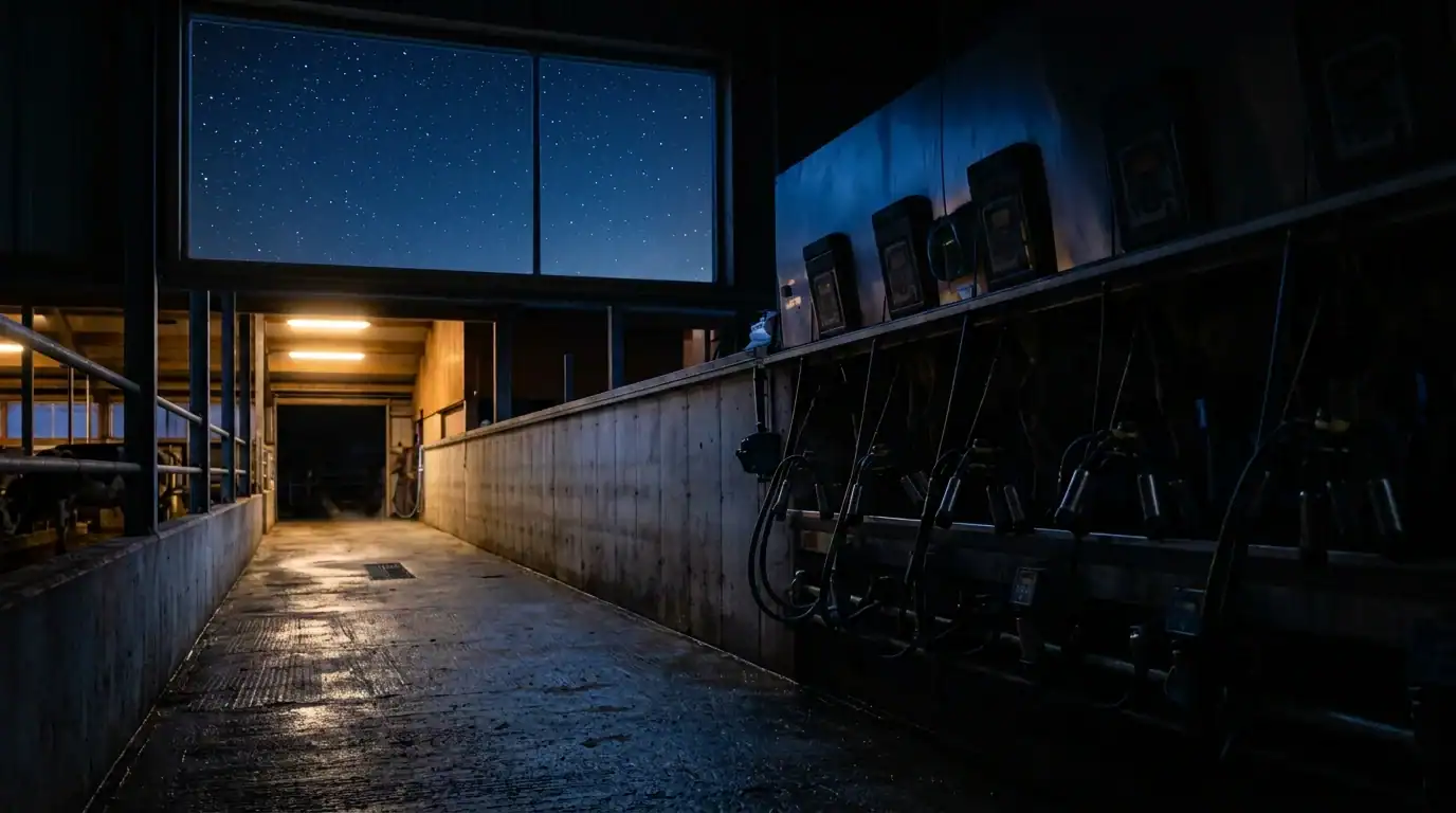 Interior of a dairy barn lit by solar-powered LED lights during early morning winter milking in December