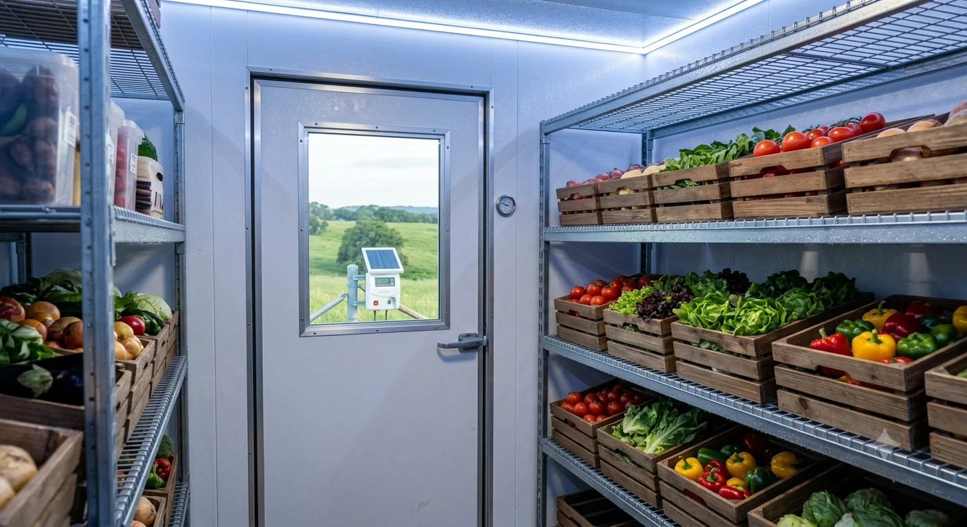 Interior of a solar-powered walk-in cooler on a vegetable farm with crates of fresh produce on metal shelving