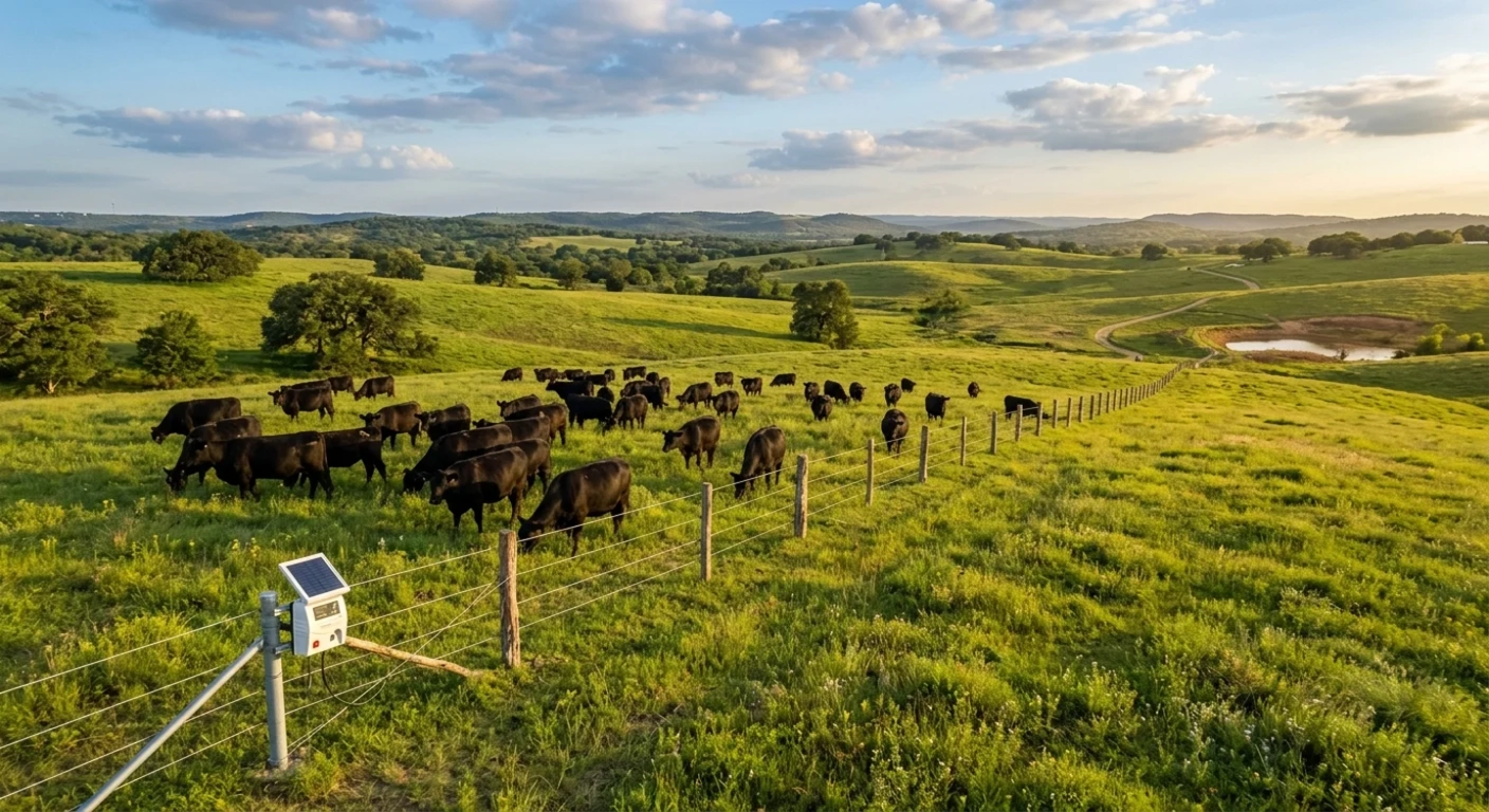 Solar-powered electric fence charger mounted on a T-post in a Texas cattle pasture with Angus herd grazing in background