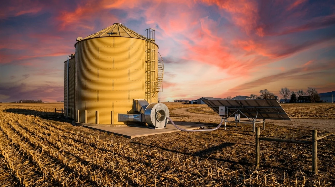 Ground-mounted solar panels powering a grain drying bin aeration fan on a Midwest corn farm at sunset