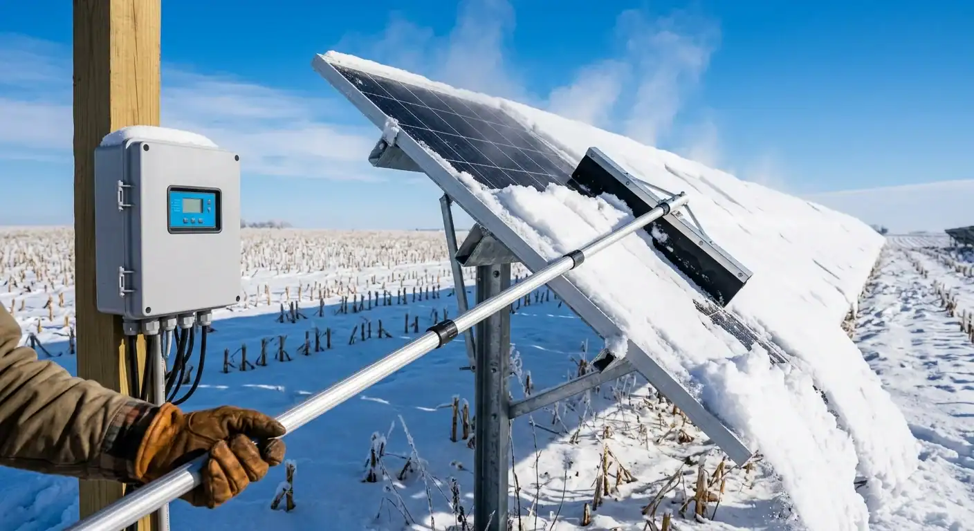 Farmer clearing snow from a ground-mounted solar panel array with a rubber snow rake in a snowy Iowa field