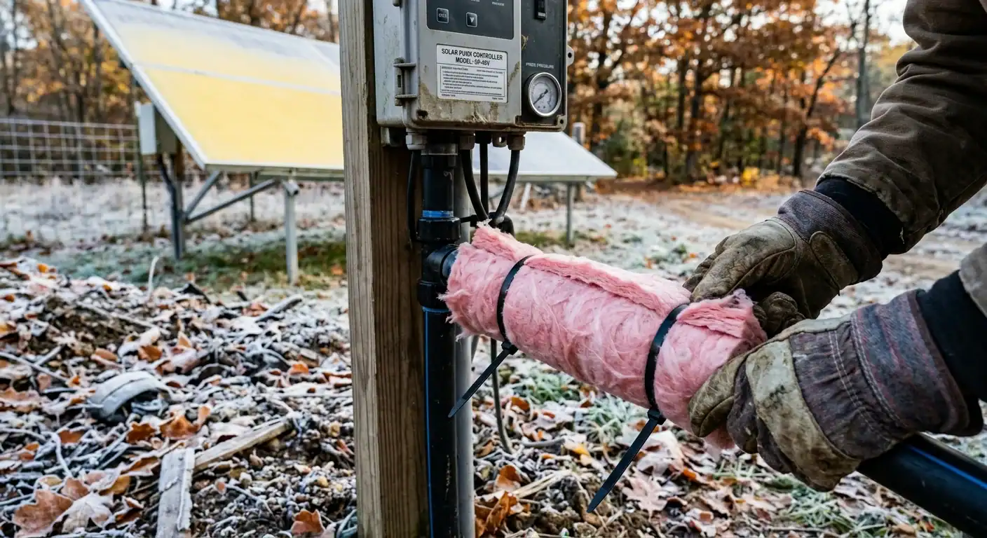 Farmer wrapping pipe insulation around a solar water pump supply line before winter freeze