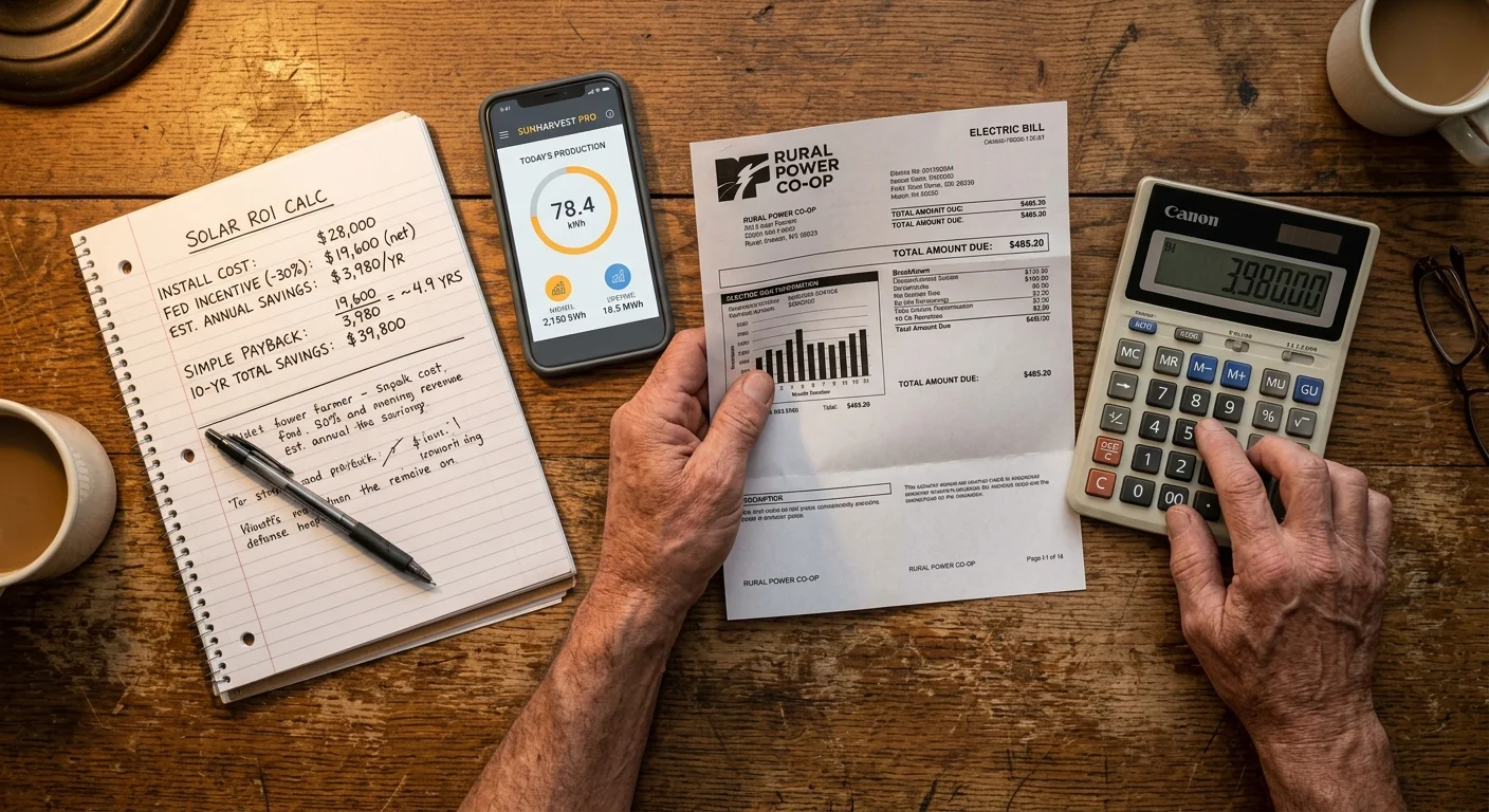 Farmer calculating solar ROI with calculator, electric bill, and notepad on a wooden table